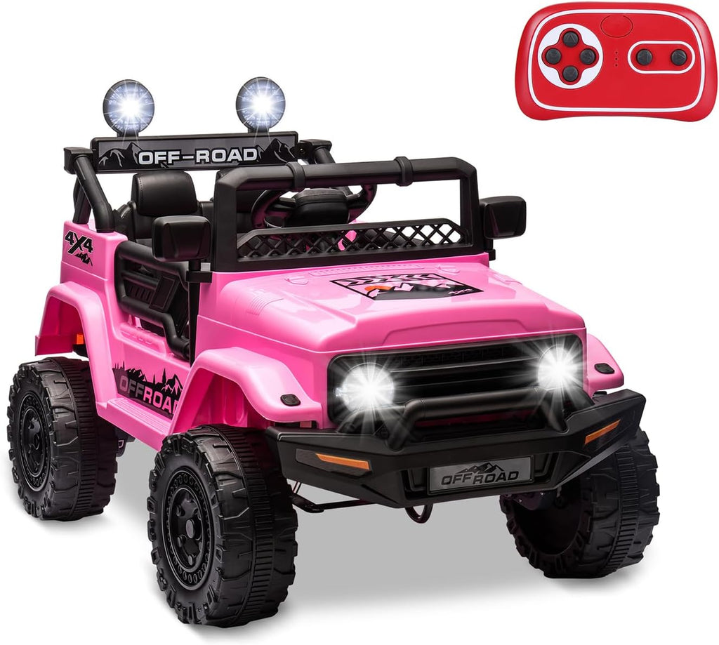 SEHOMY 12V Kids Ride On Truck with Parent Remote, 4 Wheelers Battery Powered Electric Toys Car Toddler - 3 Speed, Spring Suspension, LED Lights, Safety Start, Music, Kids Electric Vehicles Pink