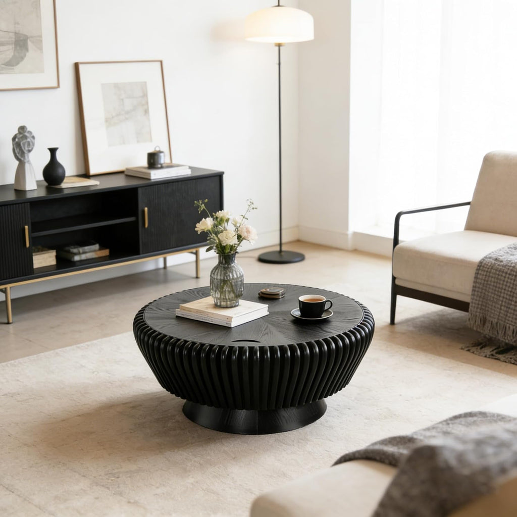 Round Wood Fluted Coffee Table with Storage, 35' Round Fluted Coffee Table with Flip-Top Lid Mid Century Modern Low Circle Drum Coffee Tables for Living Room (Black A, 35')