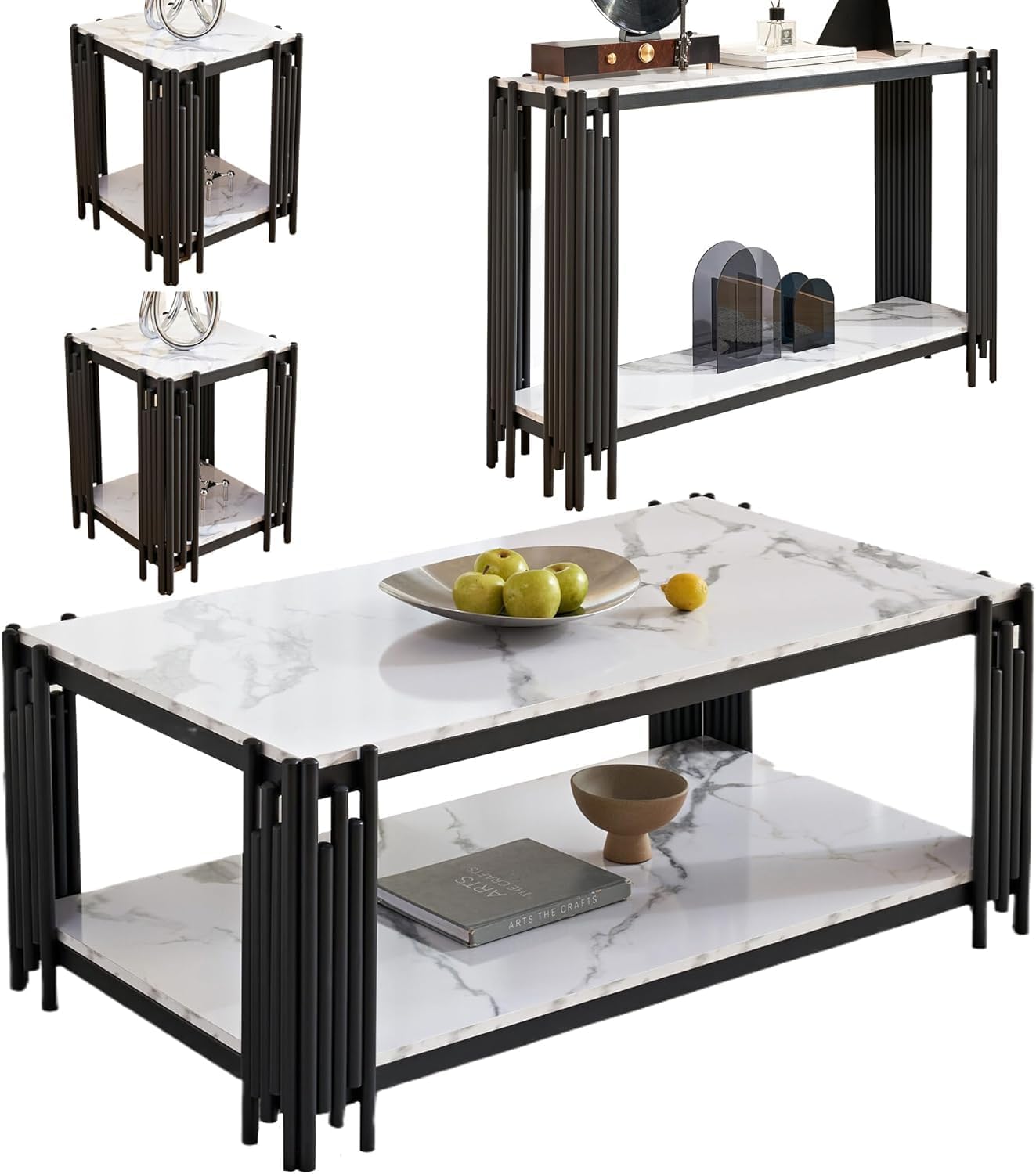 White Marble Coffee Table Set of 4, Faux Marble White Coffee Table, White Console Table and 2 End Tables with Chrome Metal I-Base, Luxury 4 Piece Living Room Table Set for Home Office