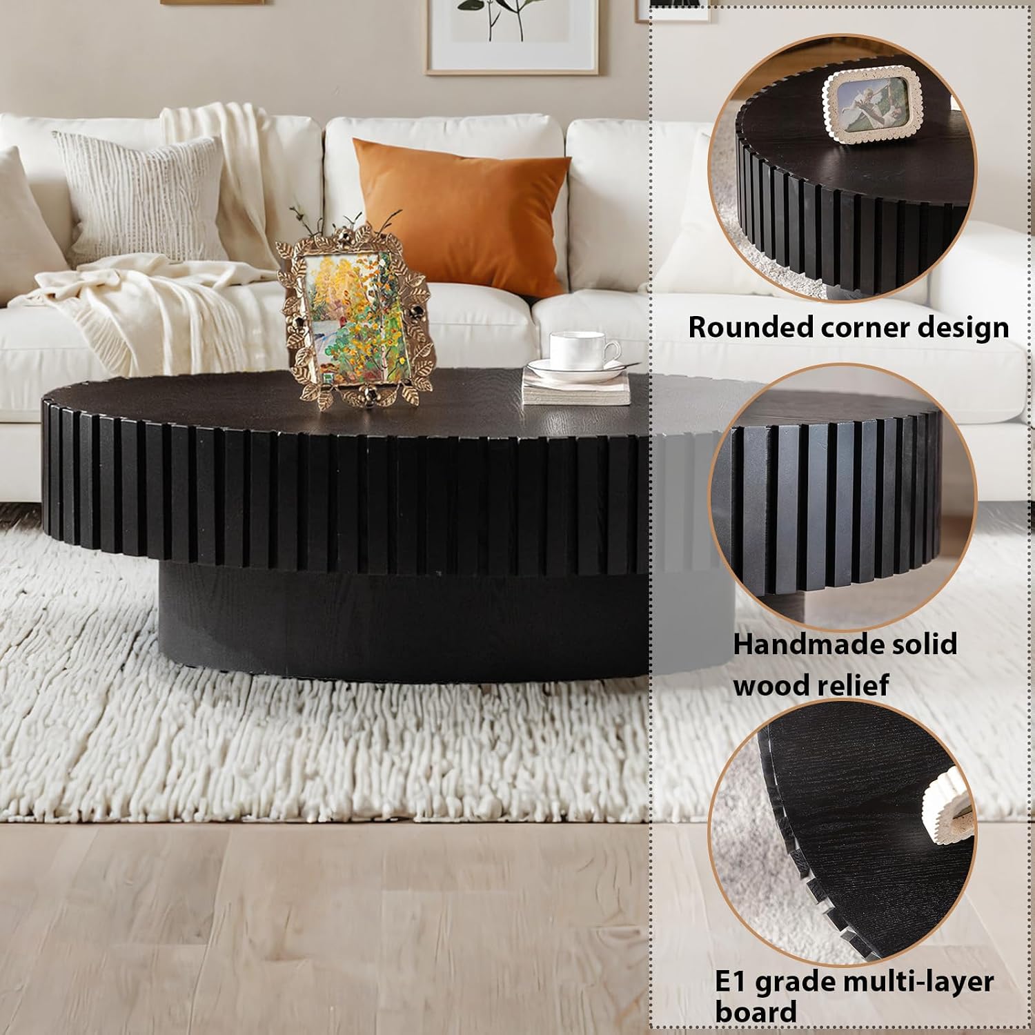 Oval Coffee Table, Handcrafted Fluted Drum Coffee Tables Modern Wood Coffee Table Drum Center Table for Living Room, Apartment (Oval Black)
