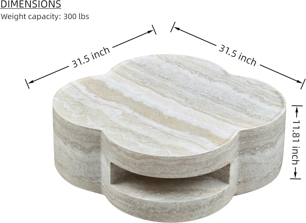 WILLIAMSPACE 31.5' Faux Marble Coffee Table with Four‑Leaf Clover-Shaped, Modern Mars-Pattern Fiberglass Faux Stone Center Table Accent Tea Table for Living Room, No Assembly (Beige)