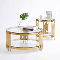 Round Glass Coffee Table Set of 2, Gold and Clear Modern Living Room Table Set, Includes 1 Coffee Table & 1 End Tables, Stainless Steel Base Tempered Glass Top, Luxury Furniture for Home Office