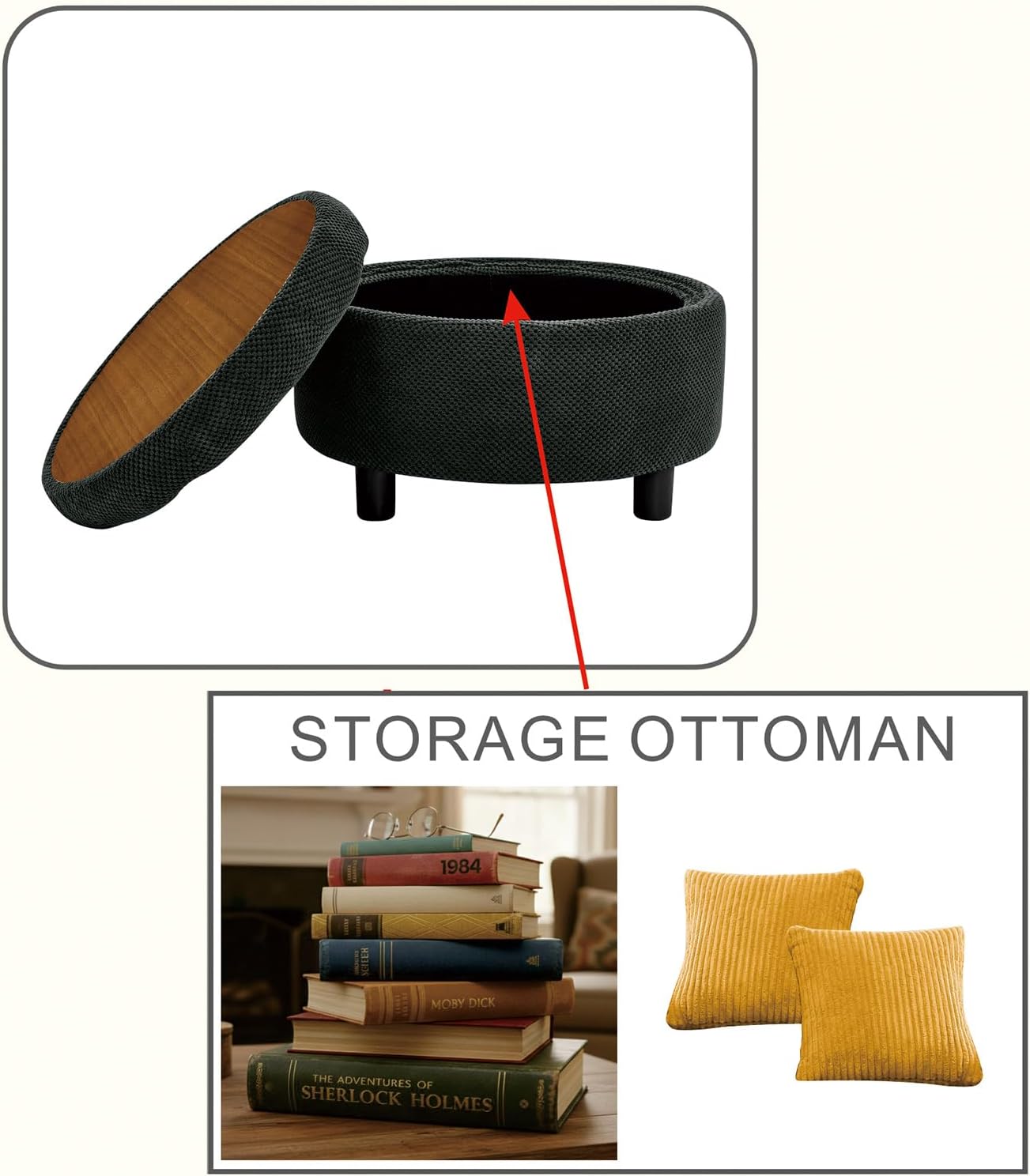 Round Storage Ottoman with Reversible Tray Lid, 25' Upholstered Button Tufted Coffee Table with Storage Foot Rest Stool for Living Room, Bedroom, Entryway, Dark Grey