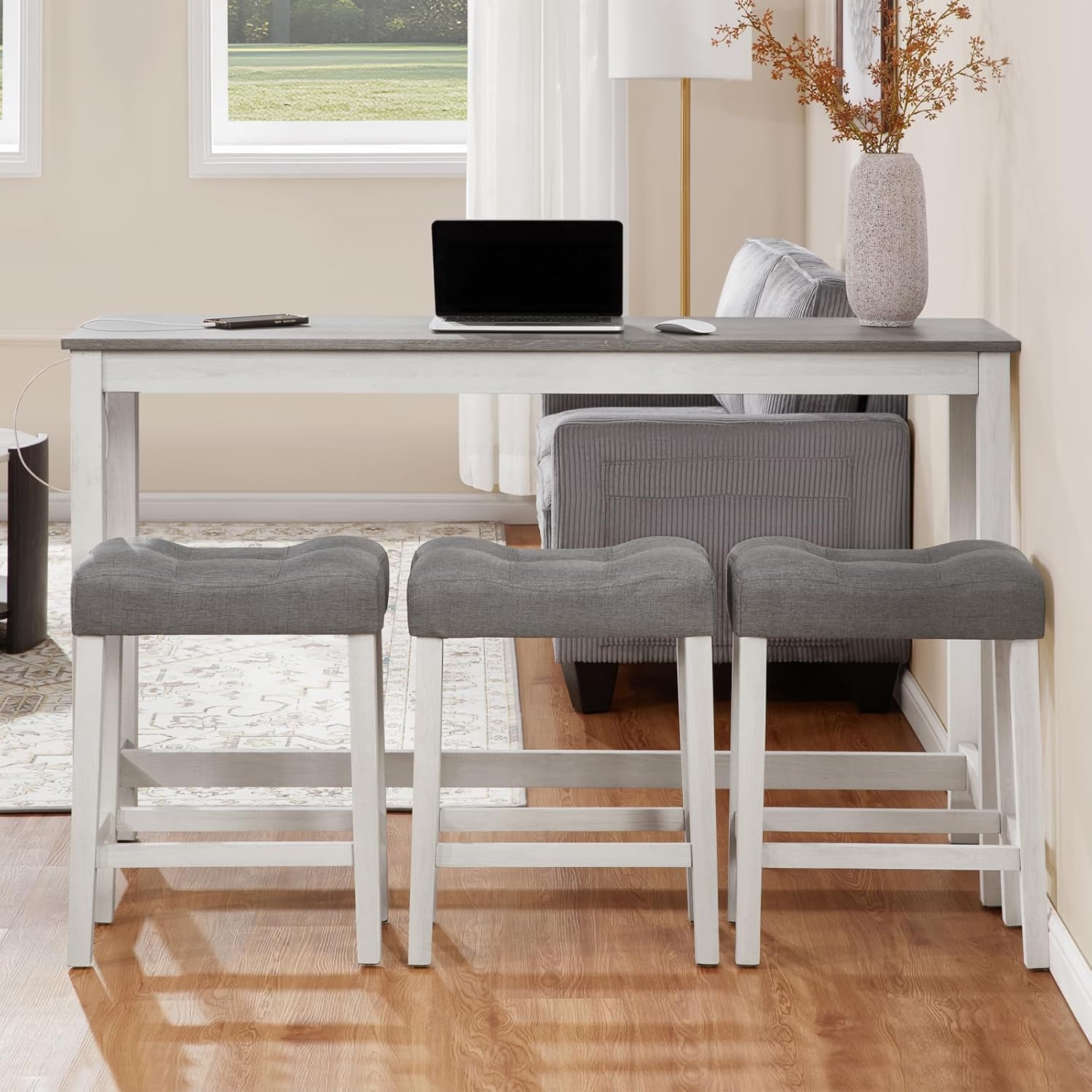 Merax 59 inch Bar Table Set with Power Outlet USB/Type-C, Behind Couch Table with 3 Padded Stools for Kitchen, Living Room, White & Grey