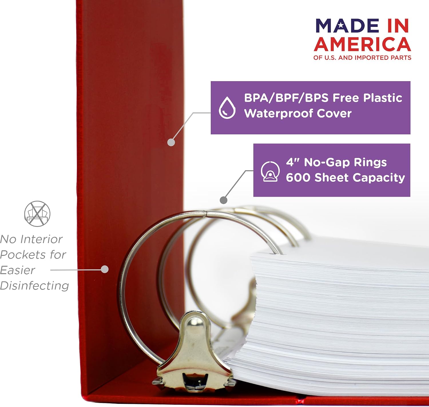 Carstens 4-Inch Heavy Duty 3-Ring Binder - Side Opening, Brick Red, Durable Plastic, No-Gap Rings, Waterproof Cover, No Pockets, Holds 600 US Letter Sheets, BPA-Free, Made in USA (1840-3R), Case of 10