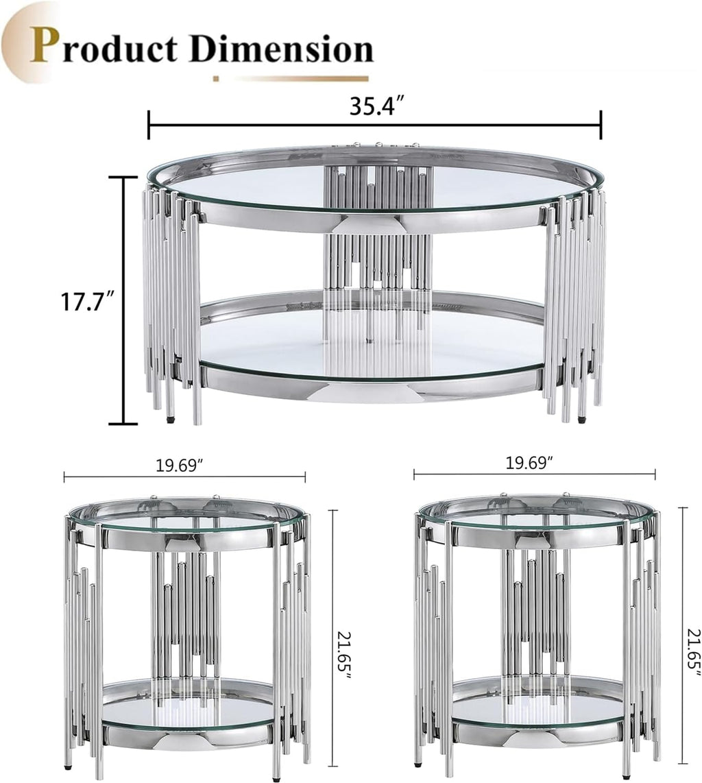 Luxury Glass Round Coffee Table Set of 3, Glass Circle Coffee Table and 2 Clear Glass End Table with Silver Stainless Steel Base, 3 Piece Living Room Coffee Table Set for Apartment Bedroom