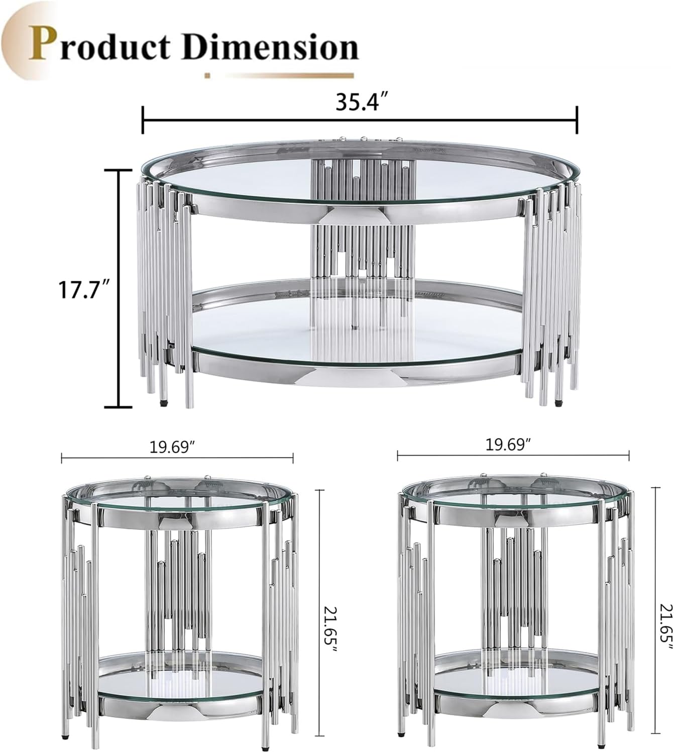 Luxury Glass Round Coffee Table Set of 3, Glass Circle Coffee Table and 2 Clear Glass End Table with Silver Stainless Steel Base, 3 Piece Living Room Coffee Table Set for Apartment Bedroom
