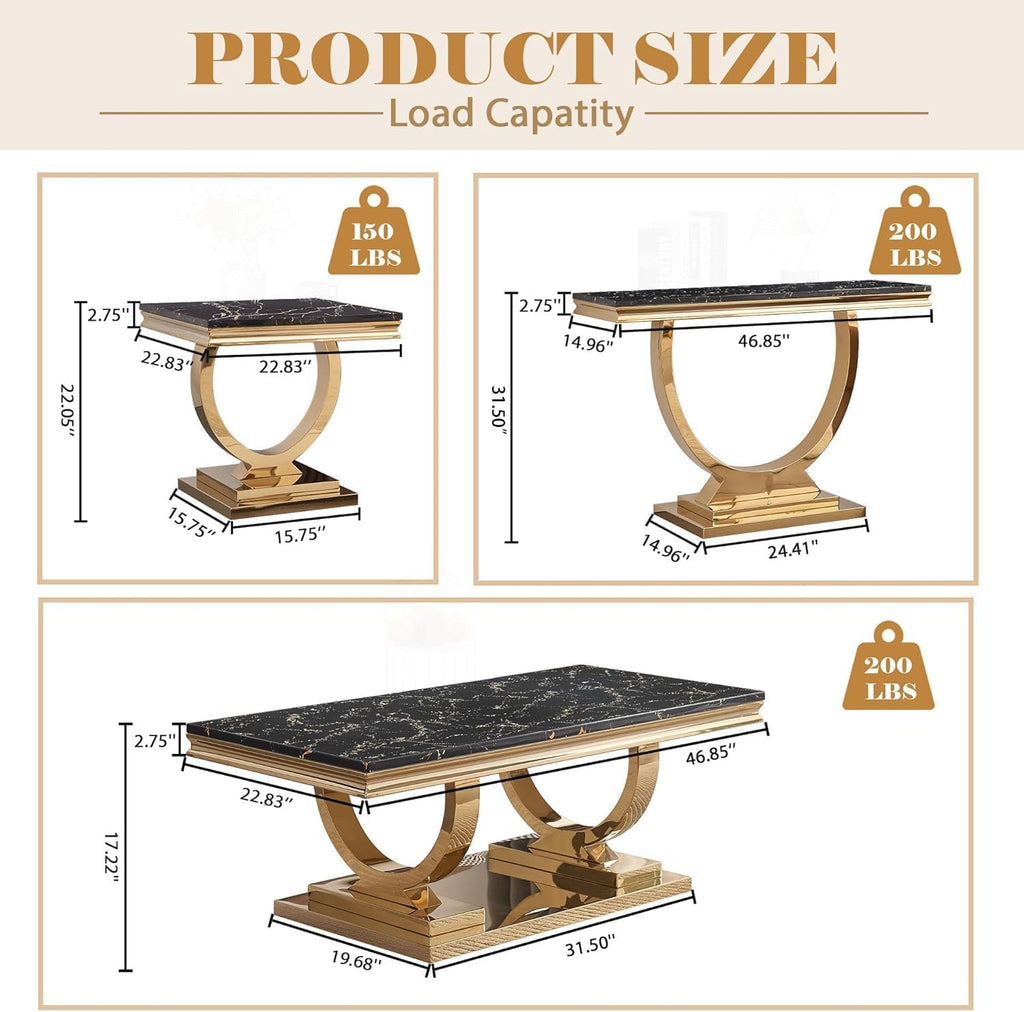 Marble Coffee Table, 47' Black Faux Marble Rectangular Cocktail Table with Mirrored Finish Double O-Shape Stainless Steel Base, Central Cocktail Tea Tables for Living Room Office, Gold