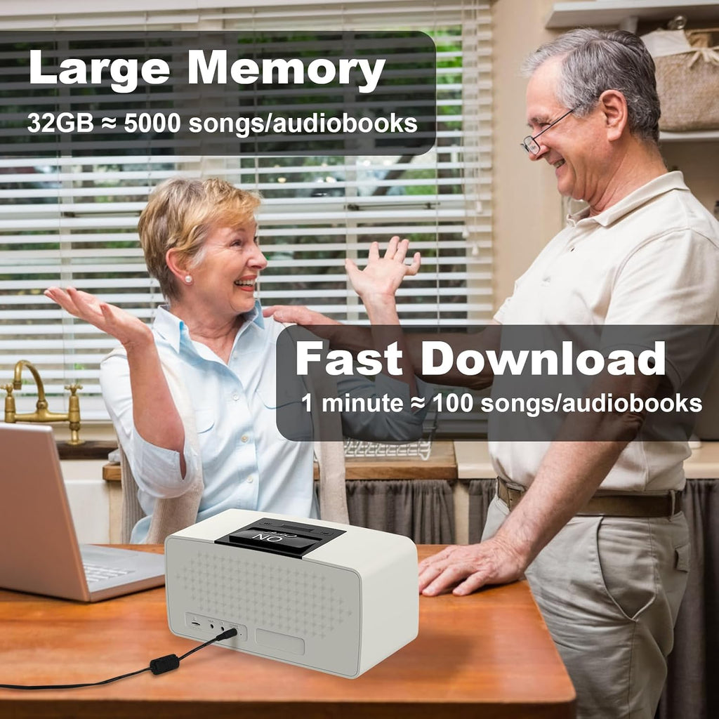 Simple Music Player for Elderly, Easy Audiobook Player with 32GB TF Card & Card Reader for Dementia, Alzheimers, Visually Impaired, Low Vision Patients, Wired - GrayishWhite