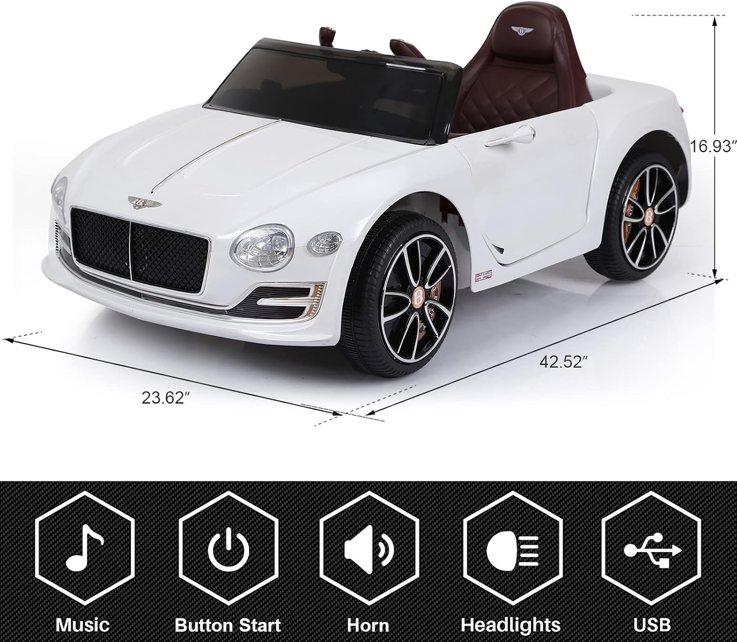 SEHOMY White 12V Electric Kid car with Parent Remote, Bentley Licensed Cars for Kids, Battery Powered Kids Ride on car, 4 Wheels Motorized Vehicles Children Toys, 2 Speeds, LED Headlights, MP3, Aux
