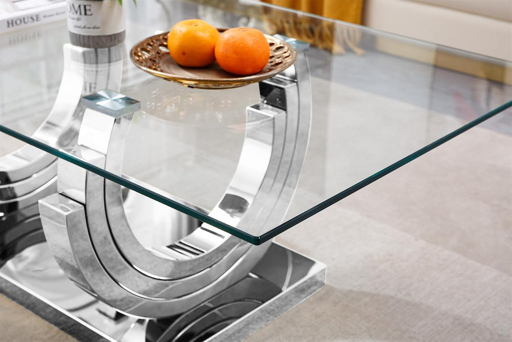 SSLine Modern 3 Piece Living Room Table Set, Include 1 Coffee Table and 2 End Tables, Luxury Silver Glass Coffee End Table Set with Ring-Shape Stainless Steel Base