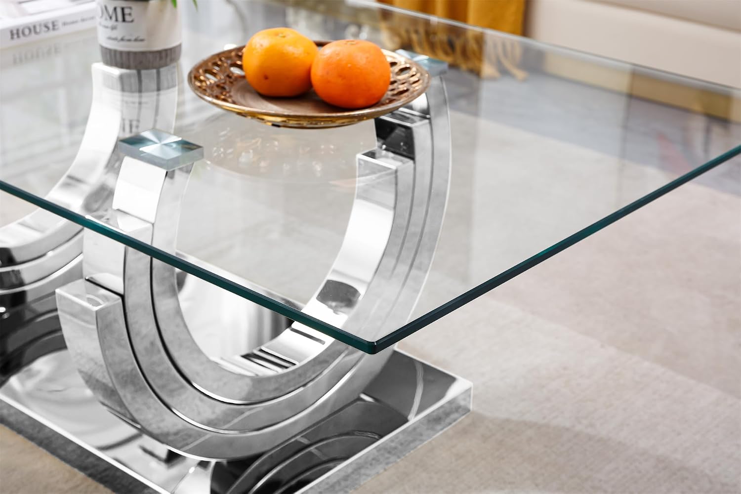SSLine Modern 3 Piece Living Room Table Set, Include 1 Coffee Table and 2 End Tables, Luxury Silver Glass Coffee End Table Set with Ring-Shape Stainless Steel Base