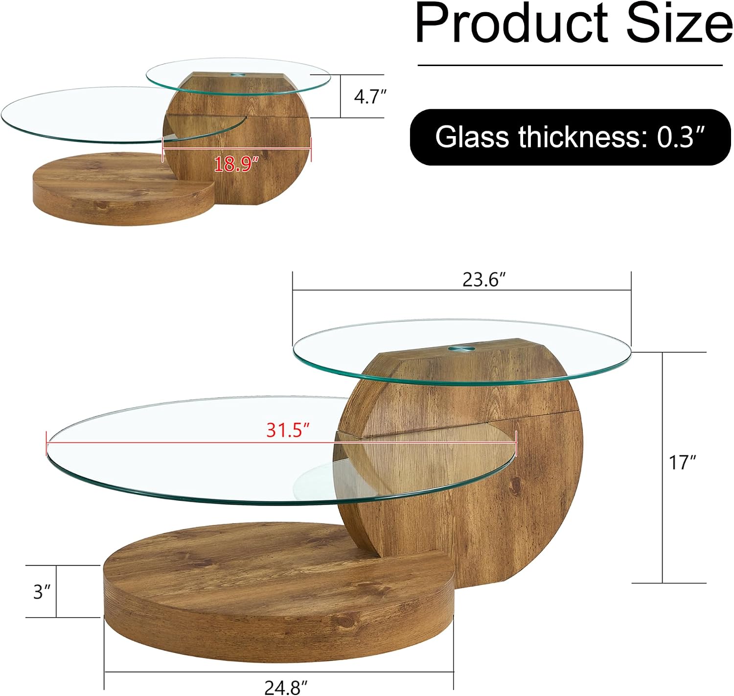 Modern Glass Coffee Table,Small Round Coffee Tables, 42' 3-Tier Circle Wood Coffee Table for Living Room Rustic Circle Center Cocktail Table with Tempered Glass, Unique Accent Table for Small Spaces