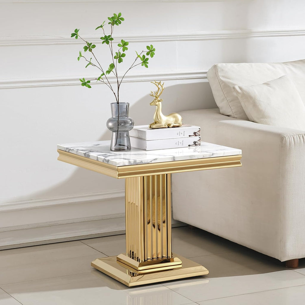 3 Pieces Living Room Table Set,White Faux Marble Coffee Table Set of 3, Modern Coffee Table and 2 End Table Set with Gold Column-Shaped Stainless Steel Base for Living Room Home Office