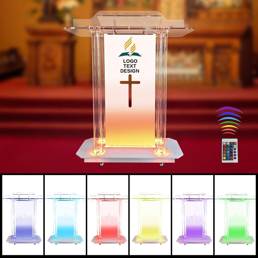 Church Pulpit,Logo&Text Personalization Pulpit with Wheels,Led Acrylic Church Podium with Hollow Cross Design,46'Transparent Lecterns for Churches,Classroom