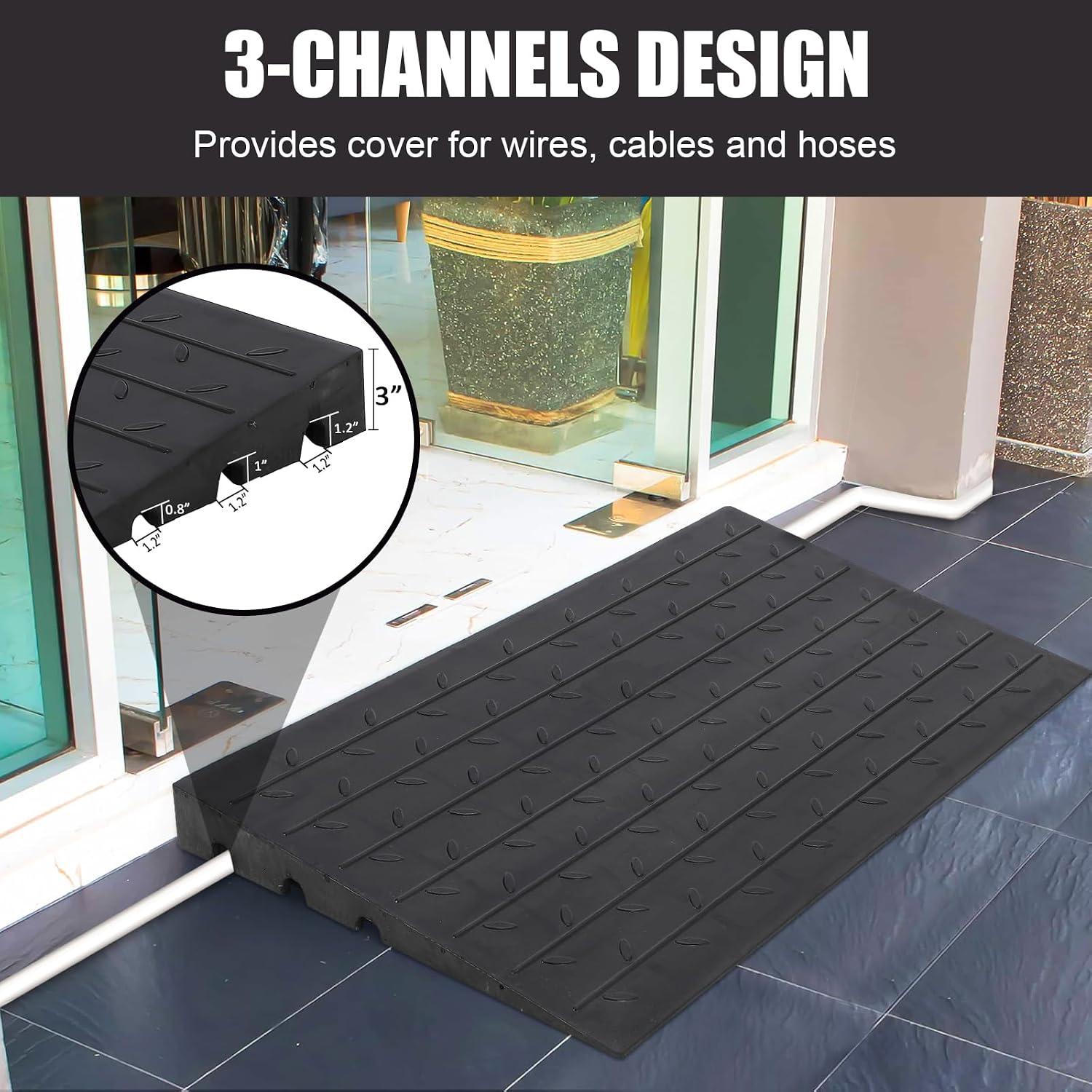 Towallmark Rubber Threshold Ramp, 3'' Rise Portable Wheelchair Ramp for Home Steps, 2500LBS Capacity Curb Ramp Handicap Ramps for Wheelchairs Driveway Mobility Scooters with 3 Channels Cord Cover