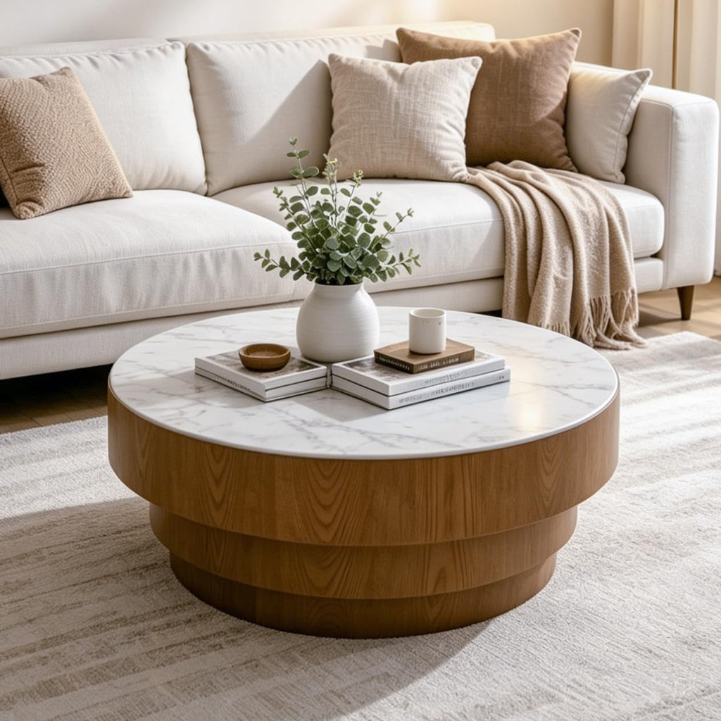 WILLIAMSPACE 31.5' Round Coffee Table with Sintered Stone Top & Wood Veneer Tiered Base, Modern Drum Marble Center Table for Living Room, Accent Tea Table for Apartment, 15.35' H (White+Wood)