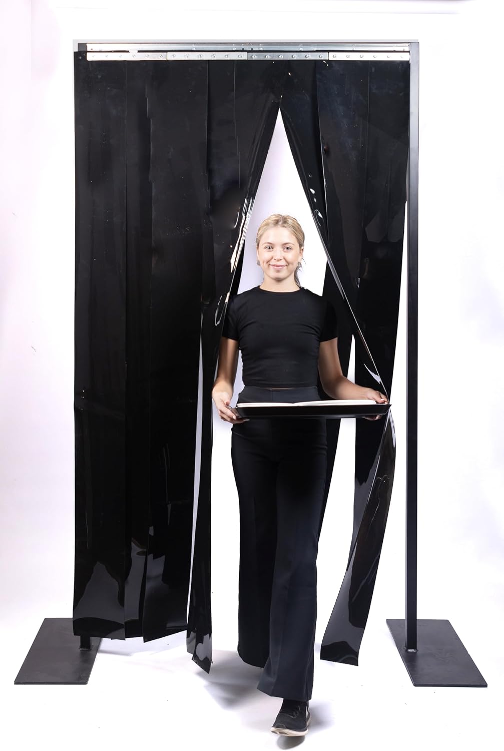 Black PVC Strip Door Curtain Kit – 48 in. (4 ft) Width x 96 in. (8 ft) H – Heavy-Duty Opaque 8' x .08' Smooth PVC Strips – Privacy & Light-Blocking Strip Door Kit – Universal Hanger – Made in USA