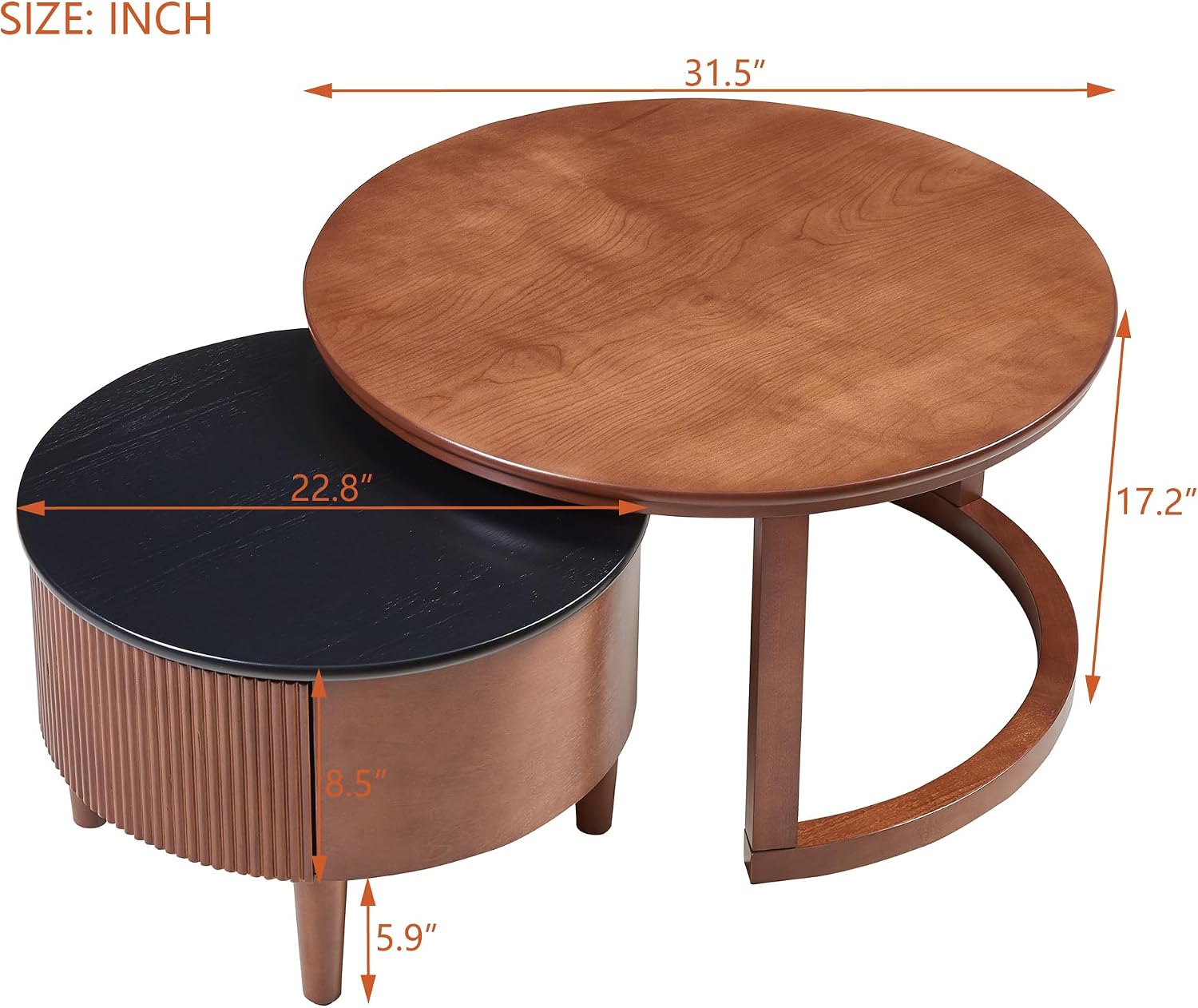 31.5' Vintage Round Nesting Coffee Table Fluted with Drawer,Black & Walnut