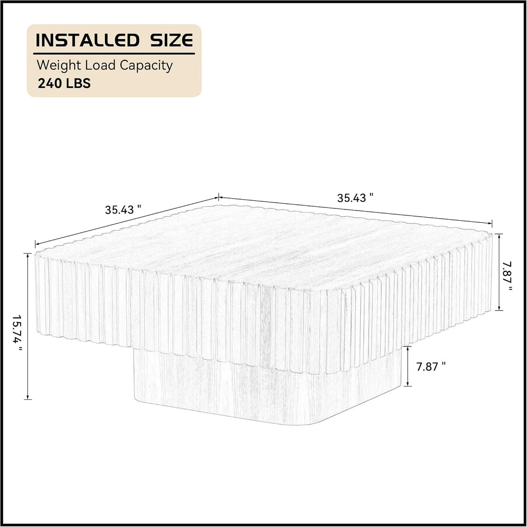 WILLIAMSPACE 35.43' Square Coffee Table with Sturdy Base, Modern Luxury Wood Drum Center Table Accent End Side Table for Living Room, Minimalist Fluted Design, Walnut