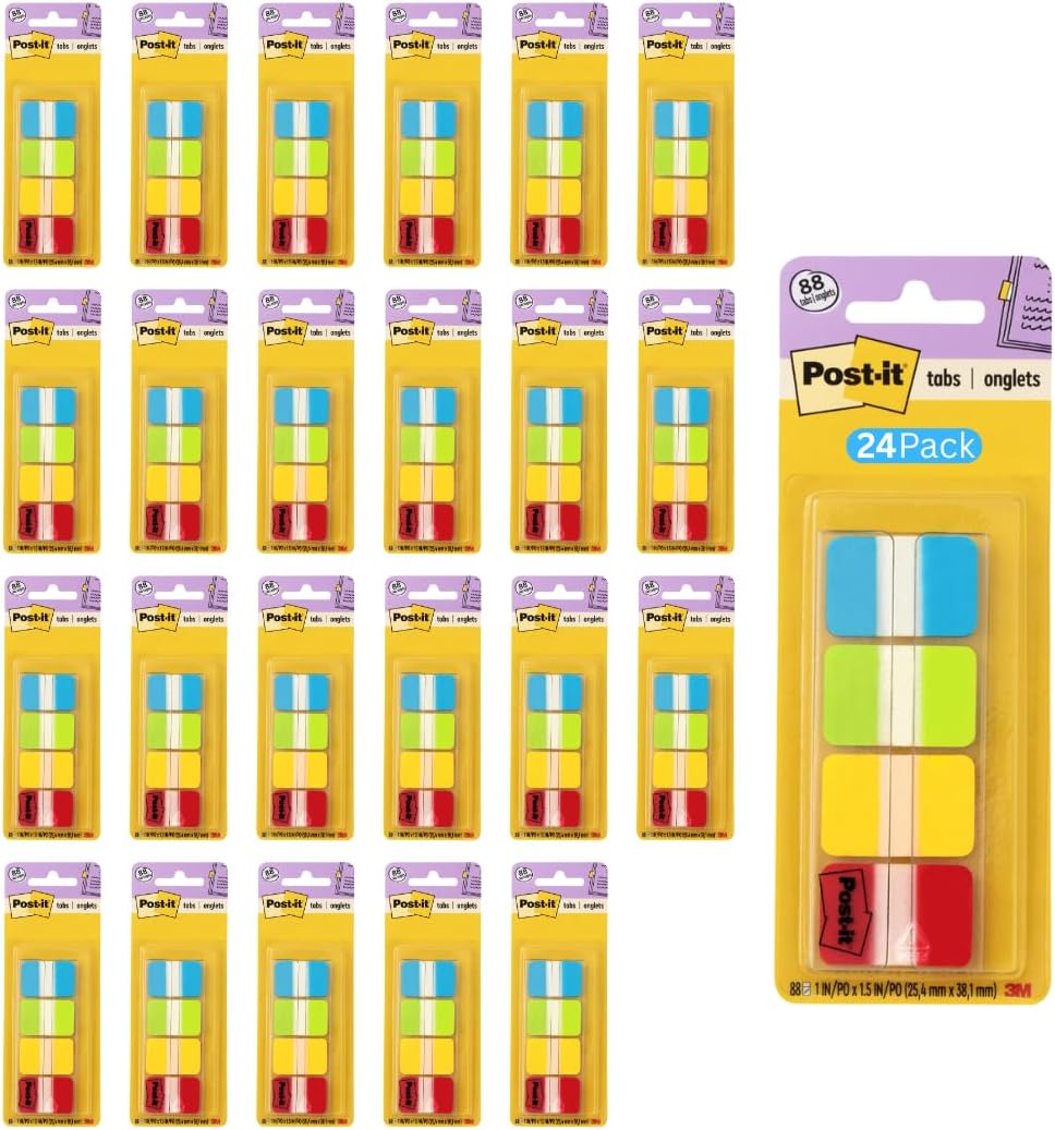 Post-it Tabs, 1 in Solid, Aqua, Lime, Yellow, Red, 22/Color, 88/Dispenser (686-ALYR1IN) (24 Pack)