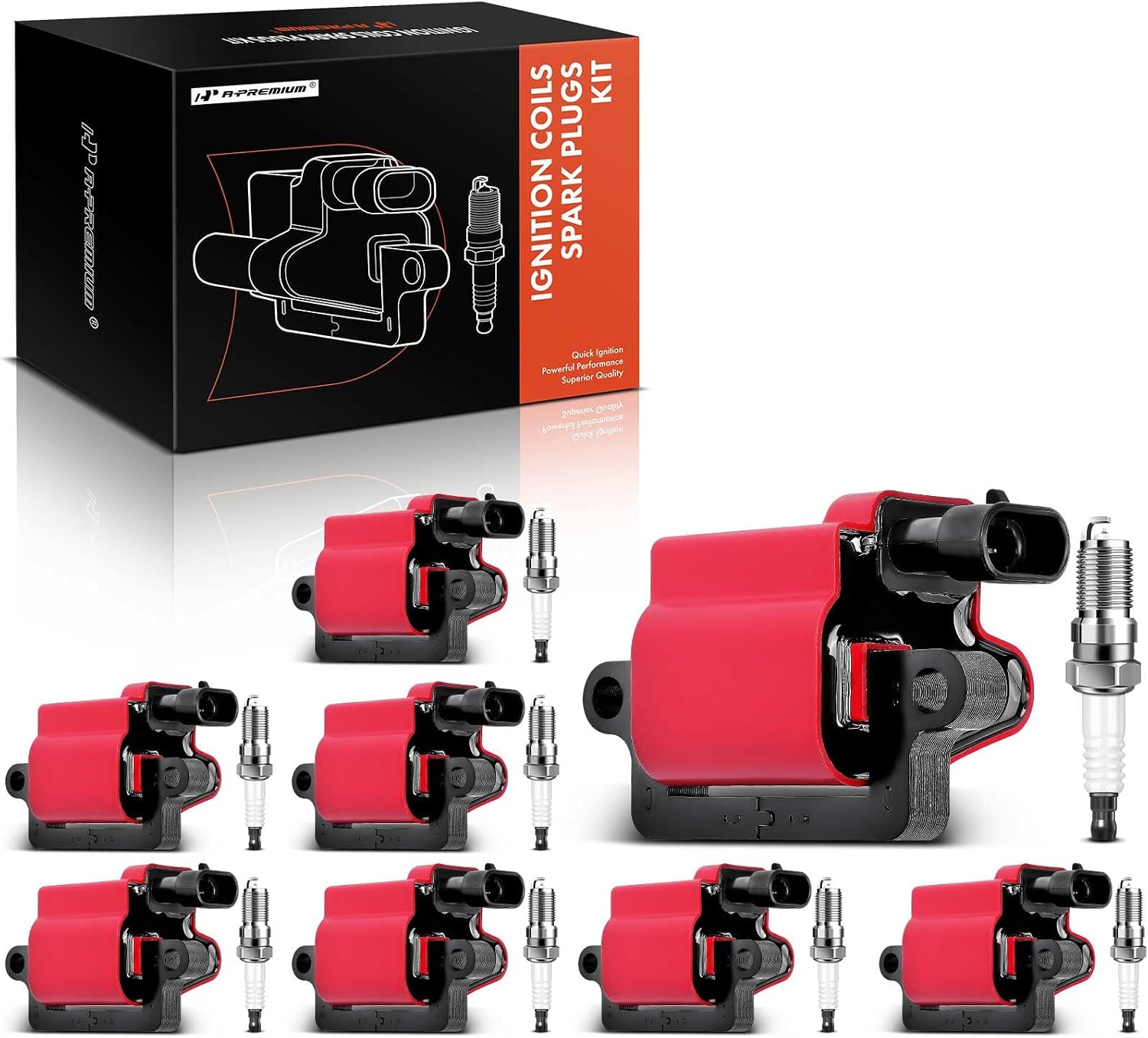 A-Premium Set of 8 (Red) Ignition Coil Pack and Iridium Spark Plugs Compatible with Chevrolet Silverado GMC Sierra 1500 2500 Tahoe Yukon Buick Cadillac Hummer