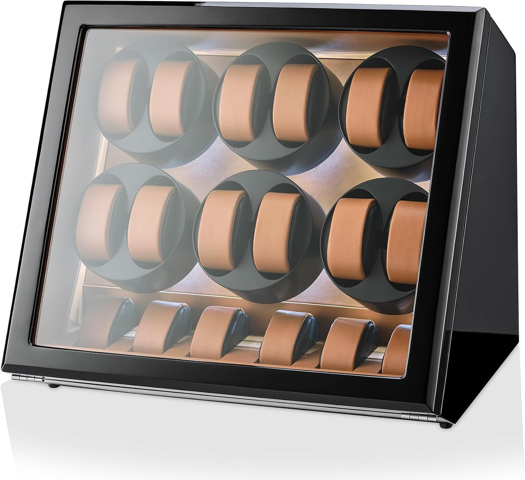 TIMECUBE 12 Watch Winder with 6 Storage Slots, LED Light and Automatic Motor-Stop