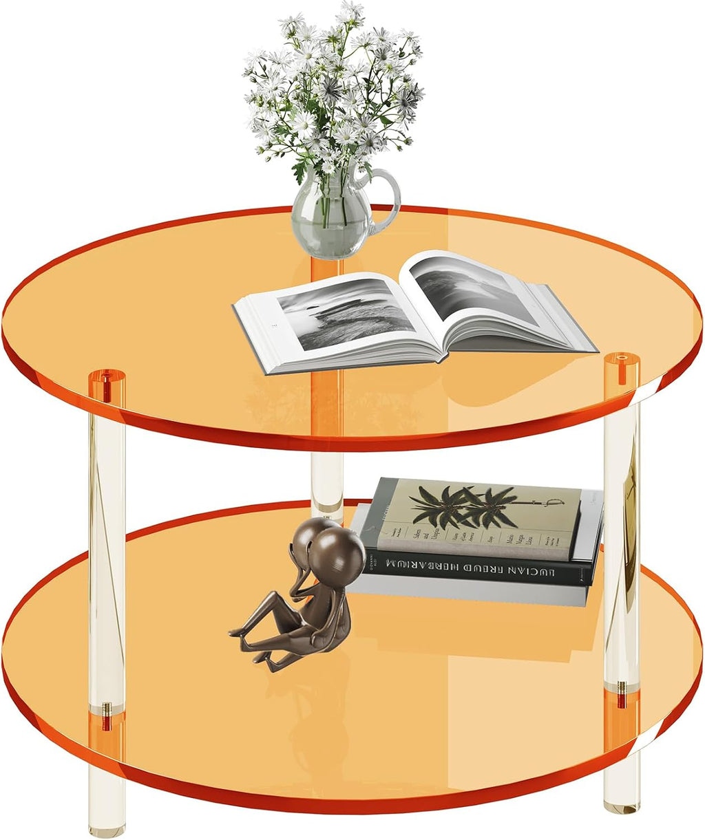Acrylic Round Coffee Table, 23.6' Wide Modern Tea Table with Storage Shelf, 2-Tier Circle Center Table for Living Room, Office Reception and Apartment (Orange)
