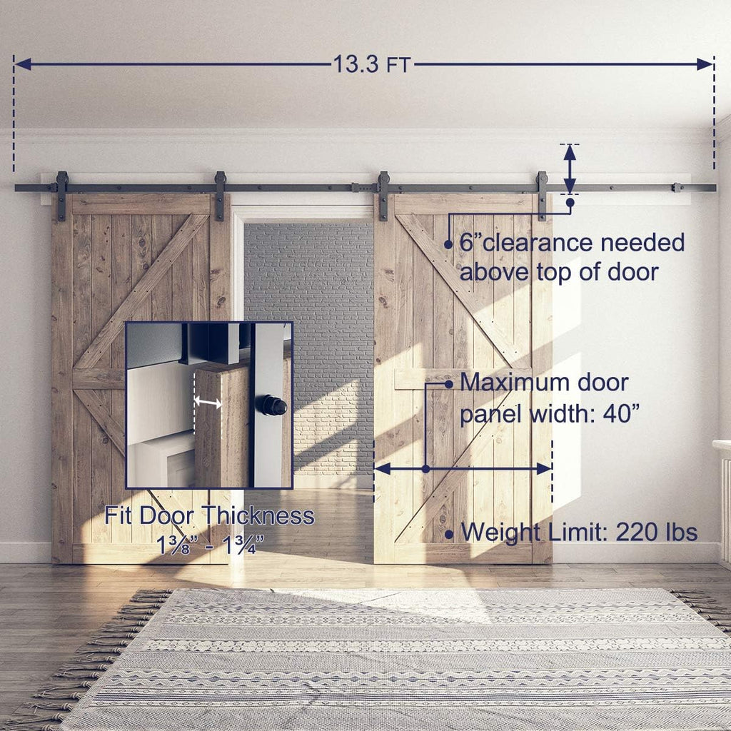 SMARTSTANDARD 13 FT Double Barn Door Hardware Kit, Sliding Door Track-Smoothly and Quietly -Includes Detailed Installation Fit 36'-40' Wide Door Panel(J Shape Hanger) Black