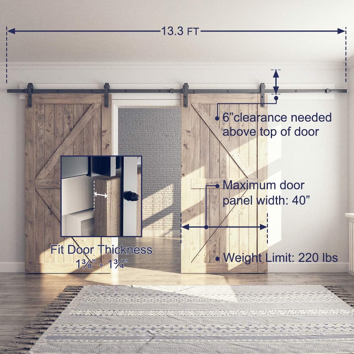 SMARTSTANDARD 13 FT Double Barn Door Hardware Kit, Sliding Door Track-Smoothly and Quietly -Includes Detailed Installation Fit 36'-40' Wide Door Panel(J Shape Hanger) Black