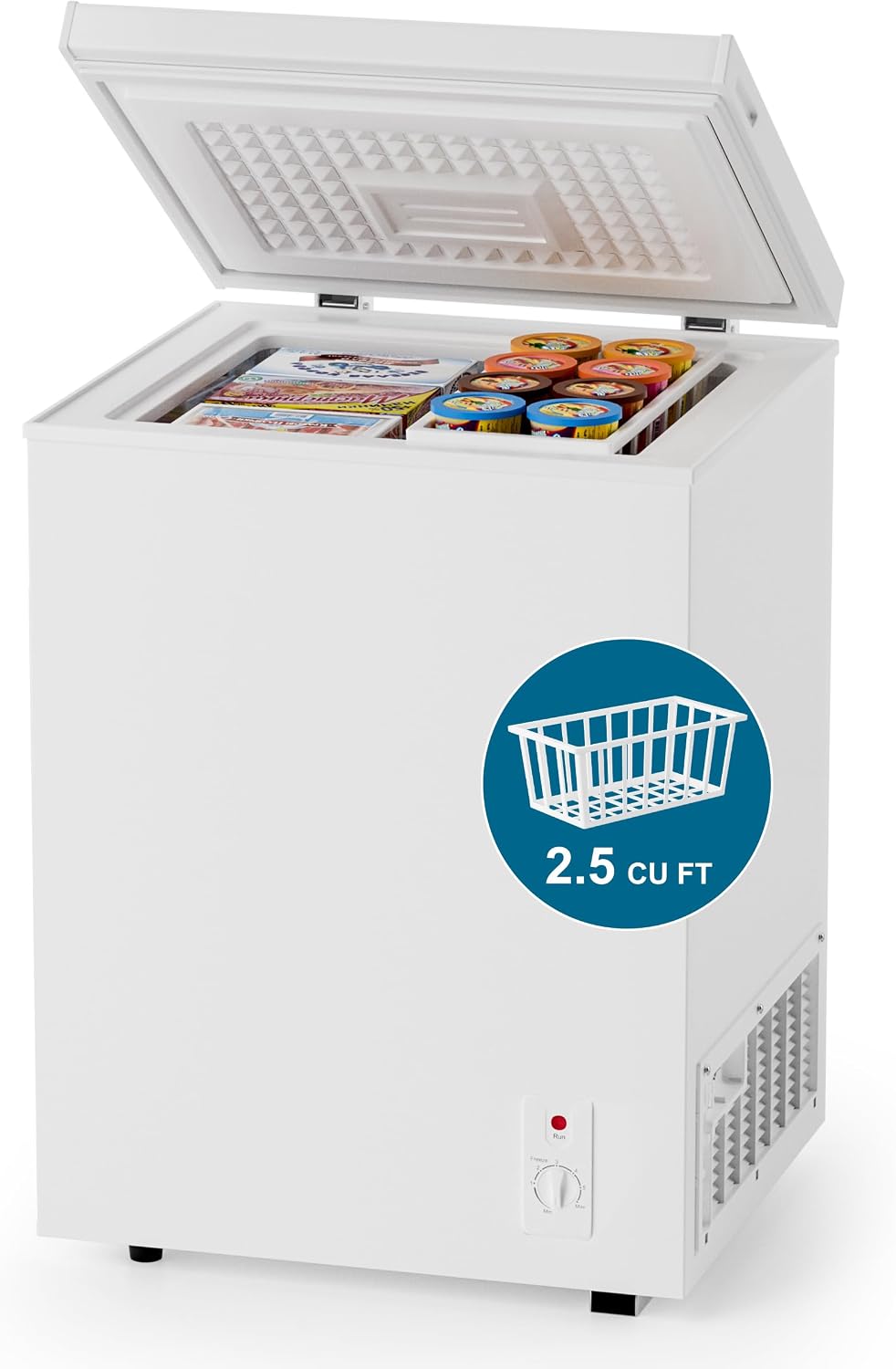 2.5 Cu.Ft Deep Freezer with Removable Basket - Small Quiet Chest Freezer w/6 Temp and Energy Efficient - Manual Defrost, Space Saving Design for Dorm, Office, Apartment, Bar, White