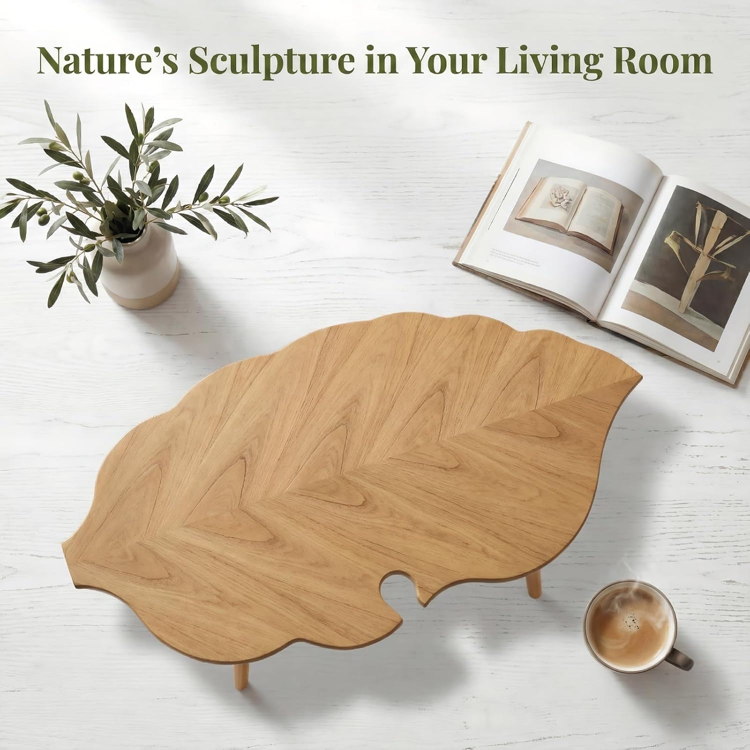 HNY Modern Coffee Table for Living Room, Natural Wood Coffee Table Farmhouse Center Table Vivid Leaf Table End Table with Rustic Grain Side Table with Wood Leg for Bedroom Office Cafe Small Space