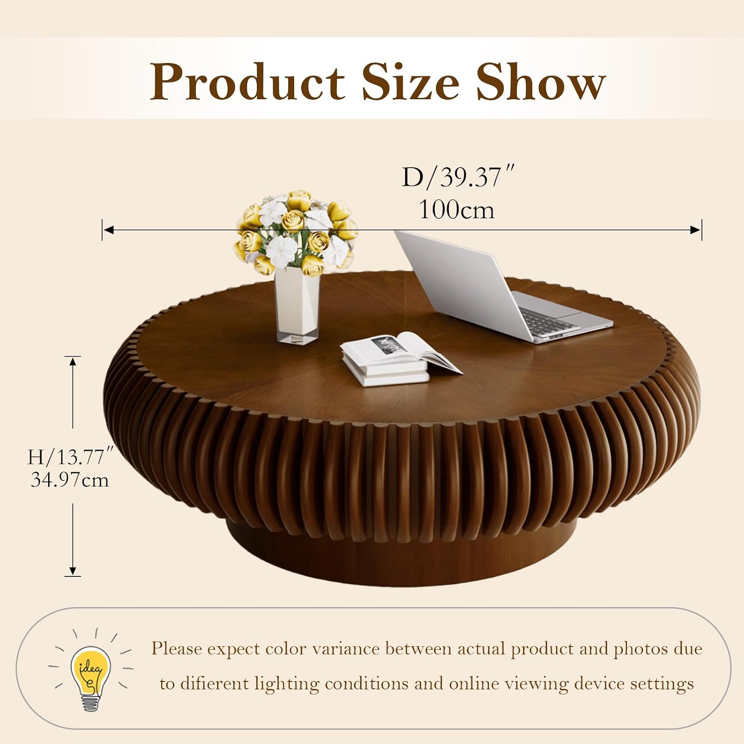39.37' Round Fluted Coffee Table Unique Contemporary Wood Low Circle Drum Tea Tables with Sturdy Pedestal for Small Space (I Walnut 39.37in)