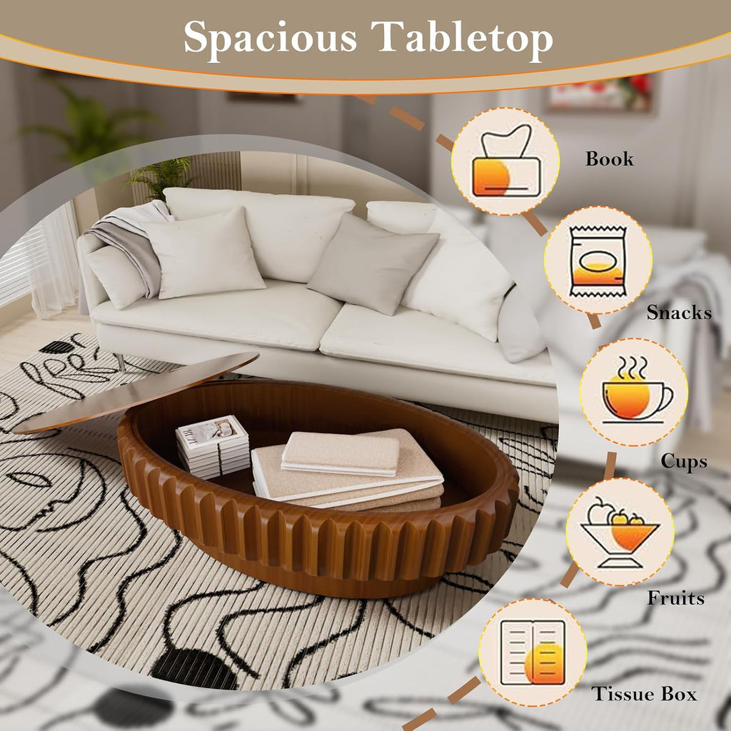 Chic Drum Coffee Table with Storage 43.3' Rustic Oval Center Table - Solid Wood Fluted Veneer Easy Assemble for Living Room Apartment (D 43.3in)