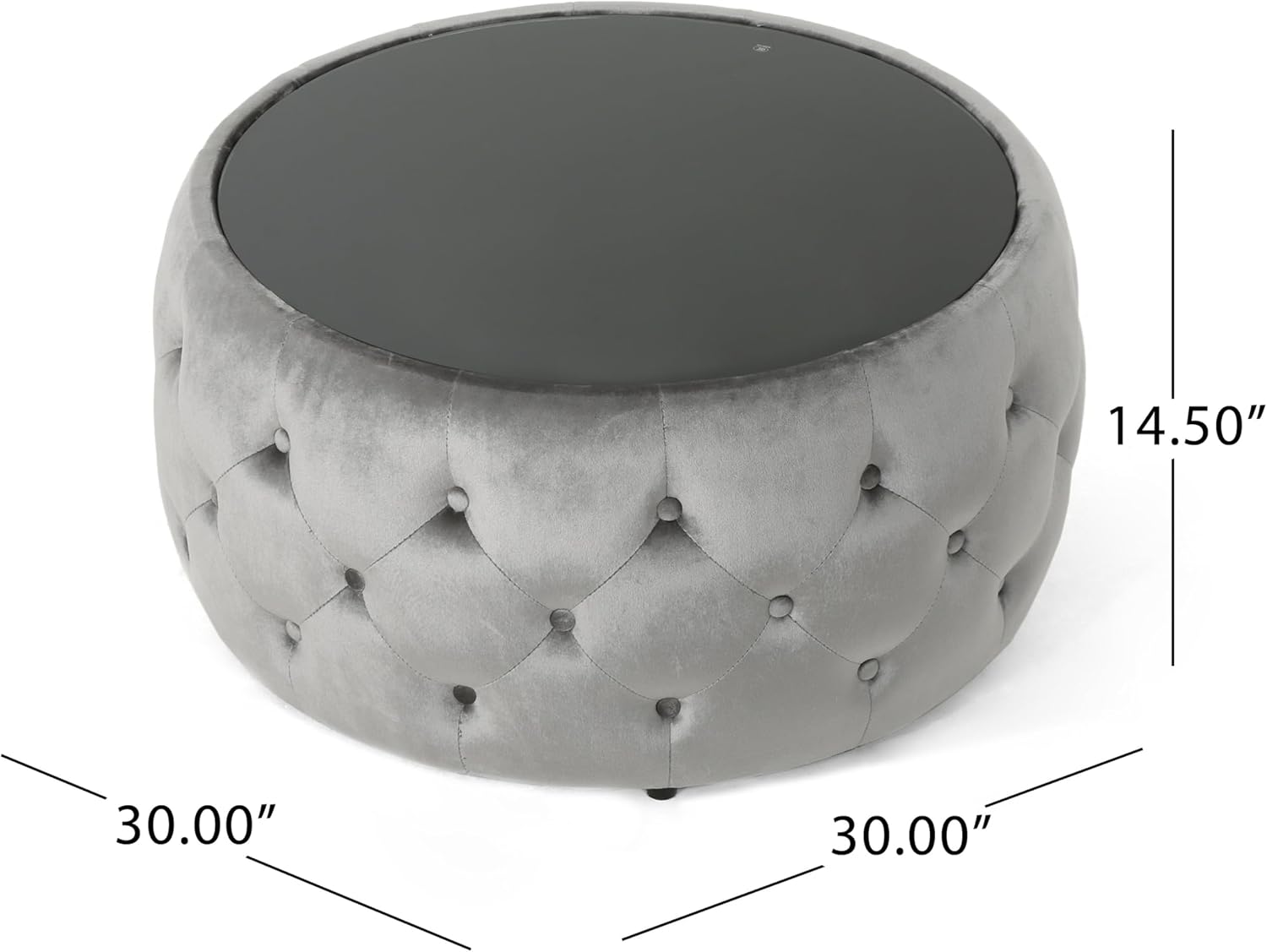 30' Round Velvet Ottoman Coffee Table, Button Tufted Coffee Table with Tempered Glass Top Modern Upholstered Tufted Velvet Cocktail Center Table for Living Room, Fully Assembled (Gray)
