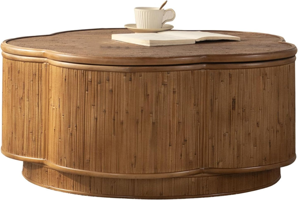31.5'' Round Coffee Table with Lift-Off Lid Storage, Wood Circle Flower-Shaped Rattan Coffee Table for Living Room, Modern Boho Countryside Farmhouse Style, No Assembly, Natural