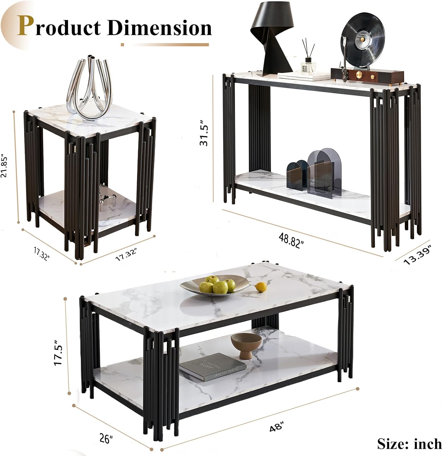 Elegant Marble Coffee Table Set of 3 White Faux Marble Coffee Table Console Table End Table Set with Black Metal Frame 3 Piece Living Room Table Set for Apartment Home Office