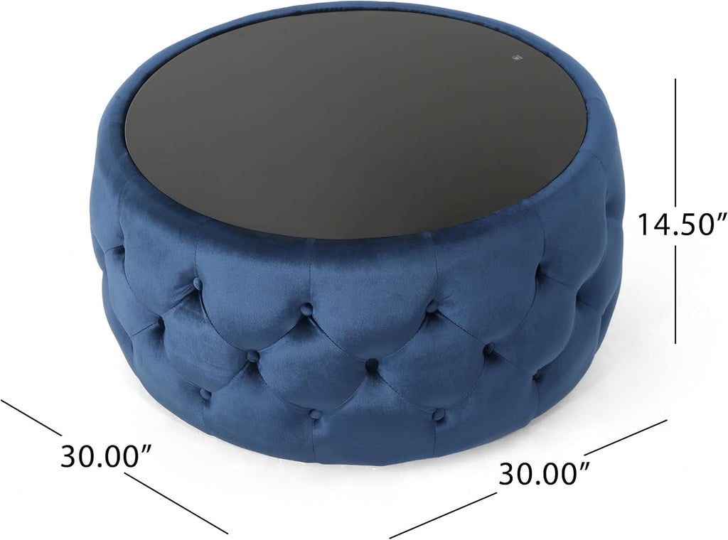 30' Round Velvet Ottoman Coffee Table, Button Tufted Coffee Table with Tempered Glass Top Modern Upholstered Tufted Velvet Cocktail Center Table for Living Room, Fully Assembled (Dark Blue)