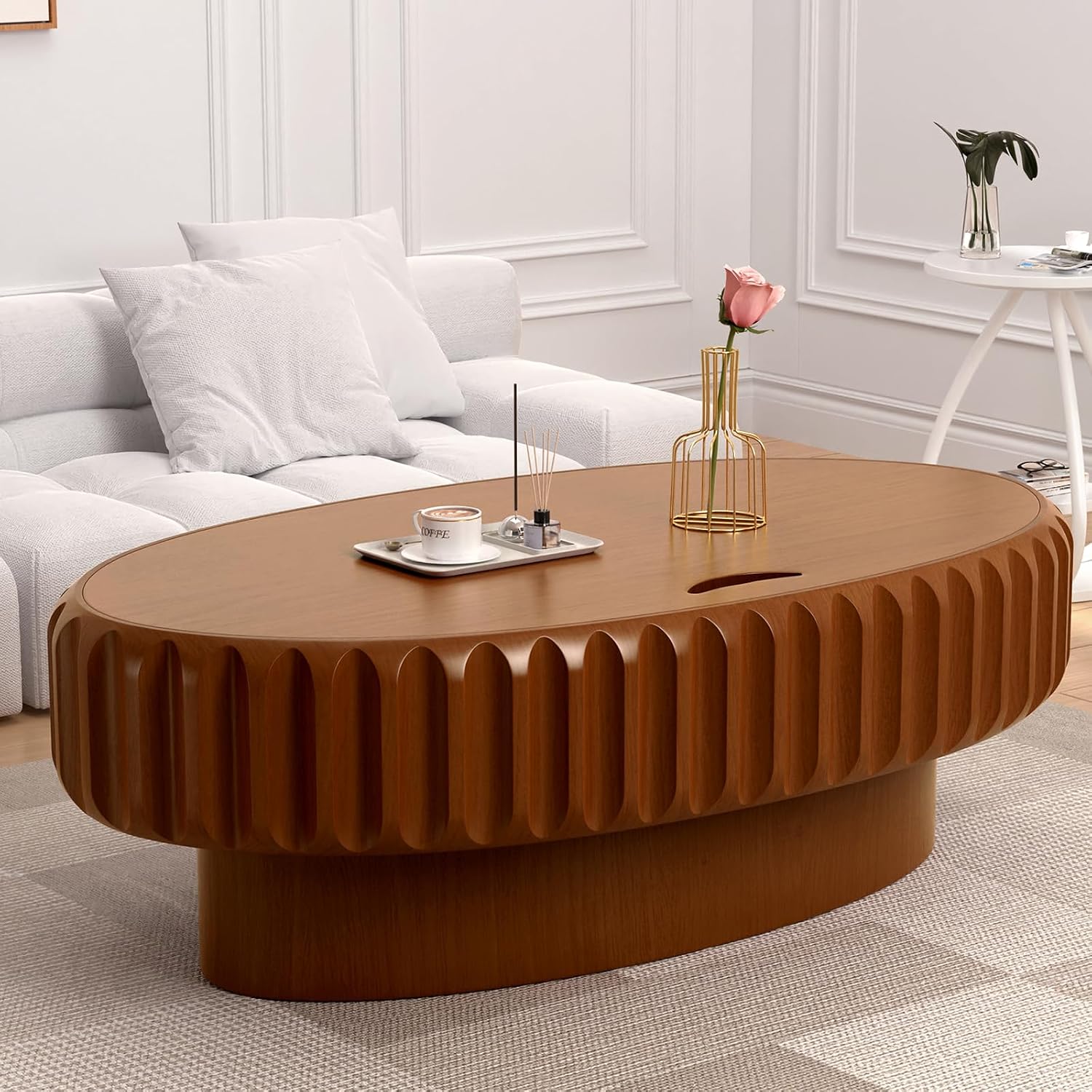 Round Drum Coffee Table White Fluted Coffee Table Circle Center Table Pedestal End Table for Apartment (Oval 43.3in)