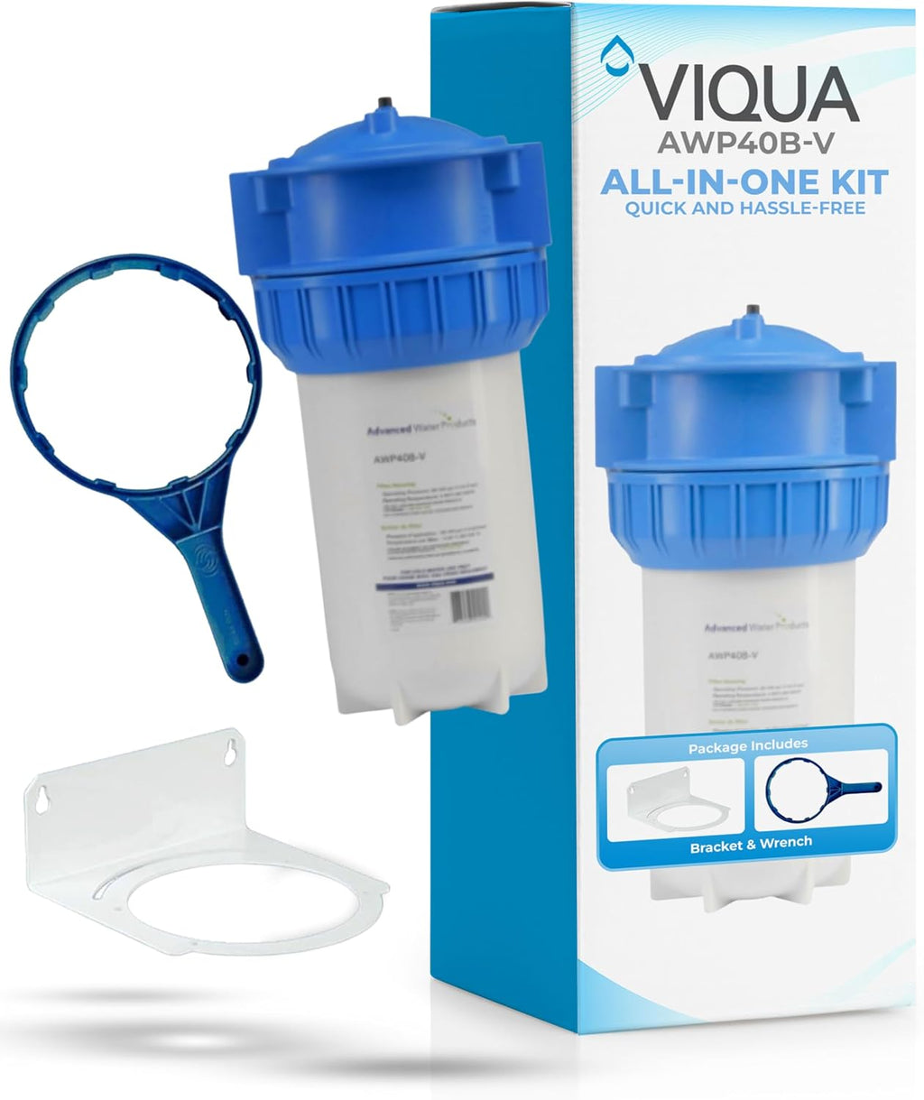 Viqua AWP40B-V Industrial Water Filter Housing Kit – Big Blue 10 x 4.5 Inch High-Flow Inline Canister with Bracket and Wrench for Whole House, Main Line, and Filtration Systems