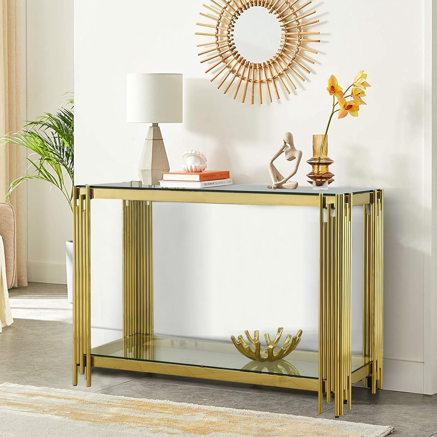 Modern Gold Glass Console Table, Luxury 55' Rectangular Sofa Table with Stainless Steel Frame, 2-Tier Console Entryway Table with Storage for Living Room Entrance Hallway