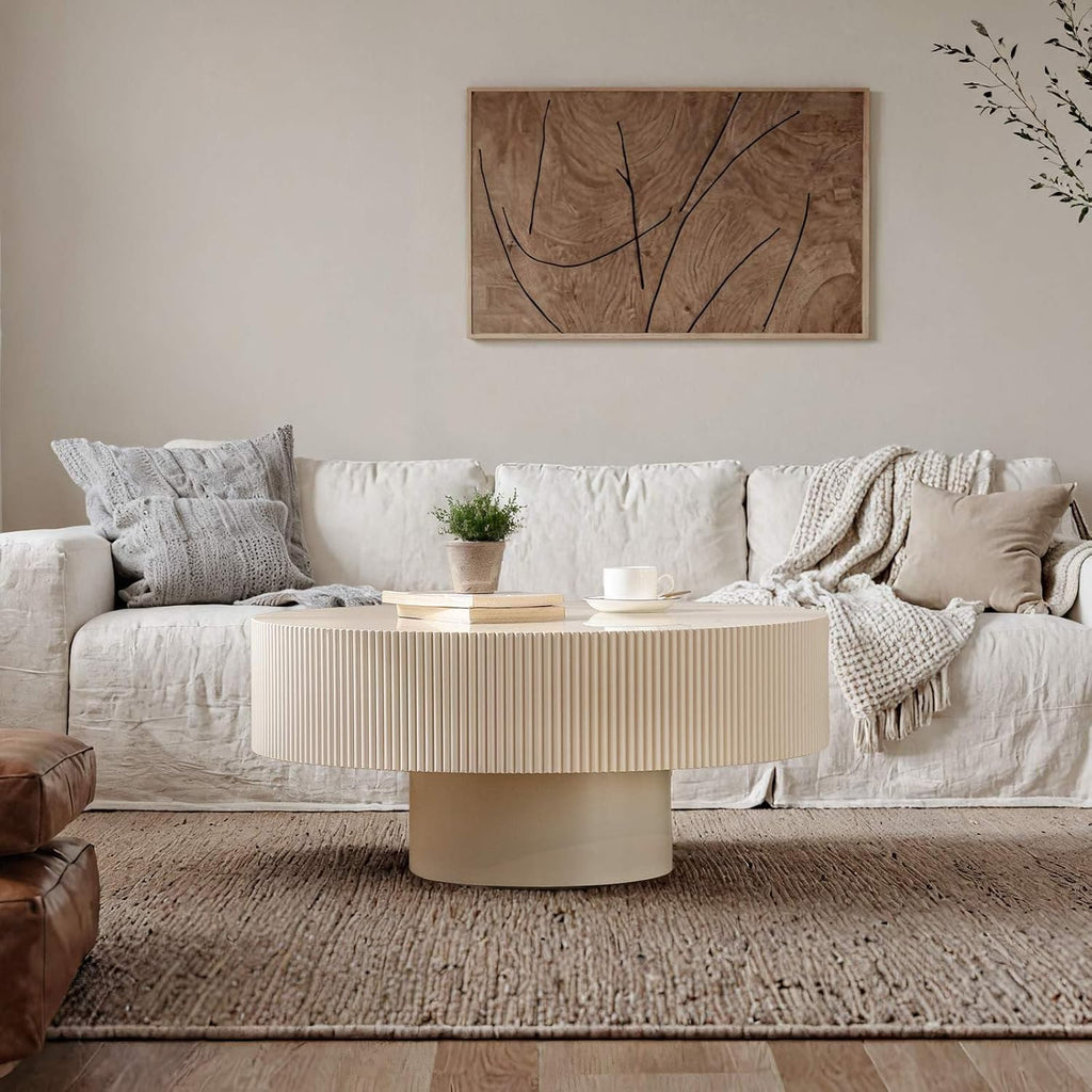 Modern Drum Fluted Round Coffee Table for Living Room, Unique Accent Fluted Drum Coffee Table, Contemporary Minimalist Low Circle Tea Tables for Farmhouse Apartment (B)