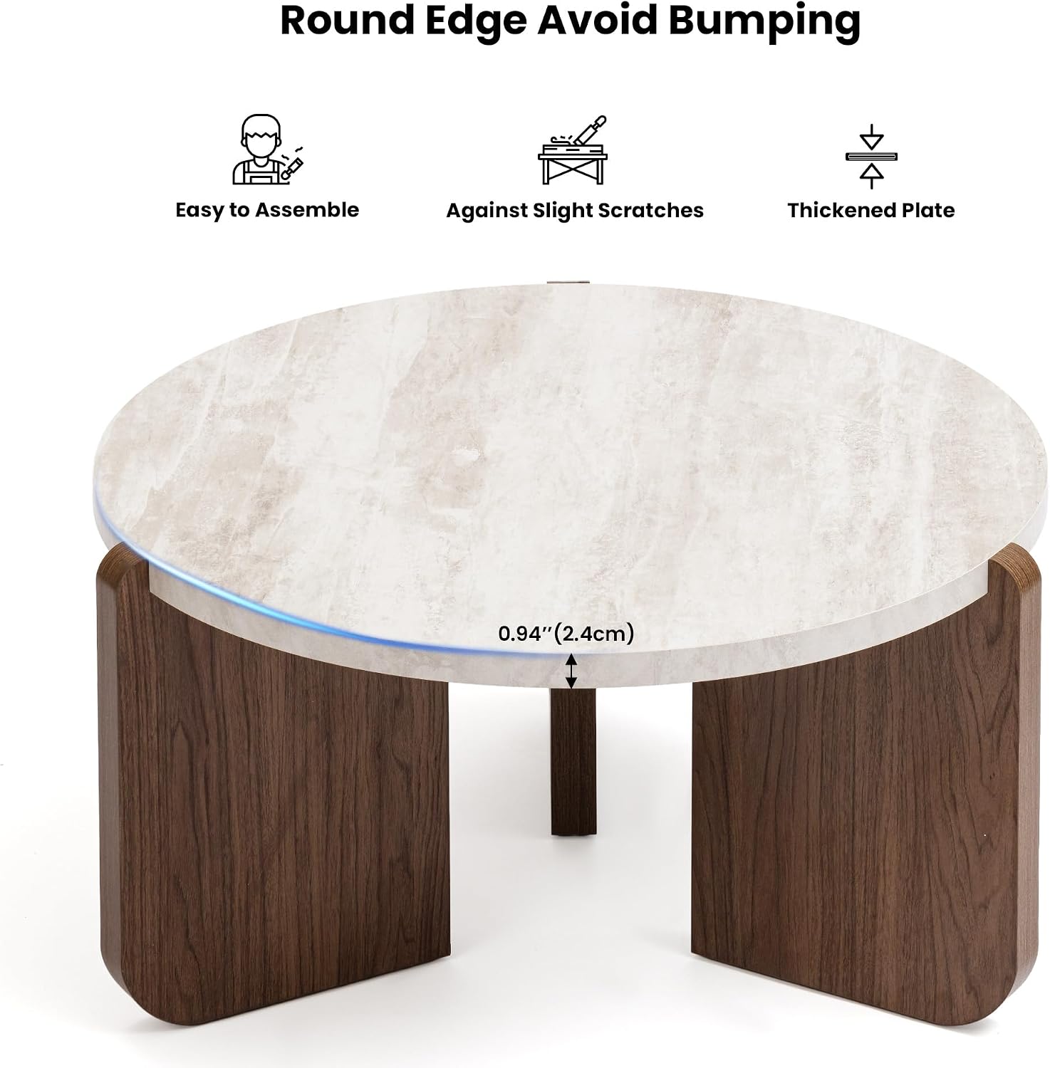 HOMPUS 31.5' Farmhouse Round Coffee Table, Wooden Coffee Table with Faux Marble Tabletop, Modern Living Room Circle Center Table, End Table for Living Room, Apartment, Easy Assembly (White + Brown)