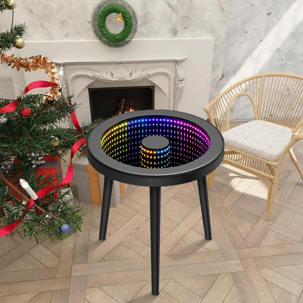 HANYEE Small Circle Coffee Table, Infinity Mirror Table, Small Round Side Table, for Home Living Room, Office,Tempered Glass Surface with RGB LED Lighting Smart Control, Office and Bedroom-Black