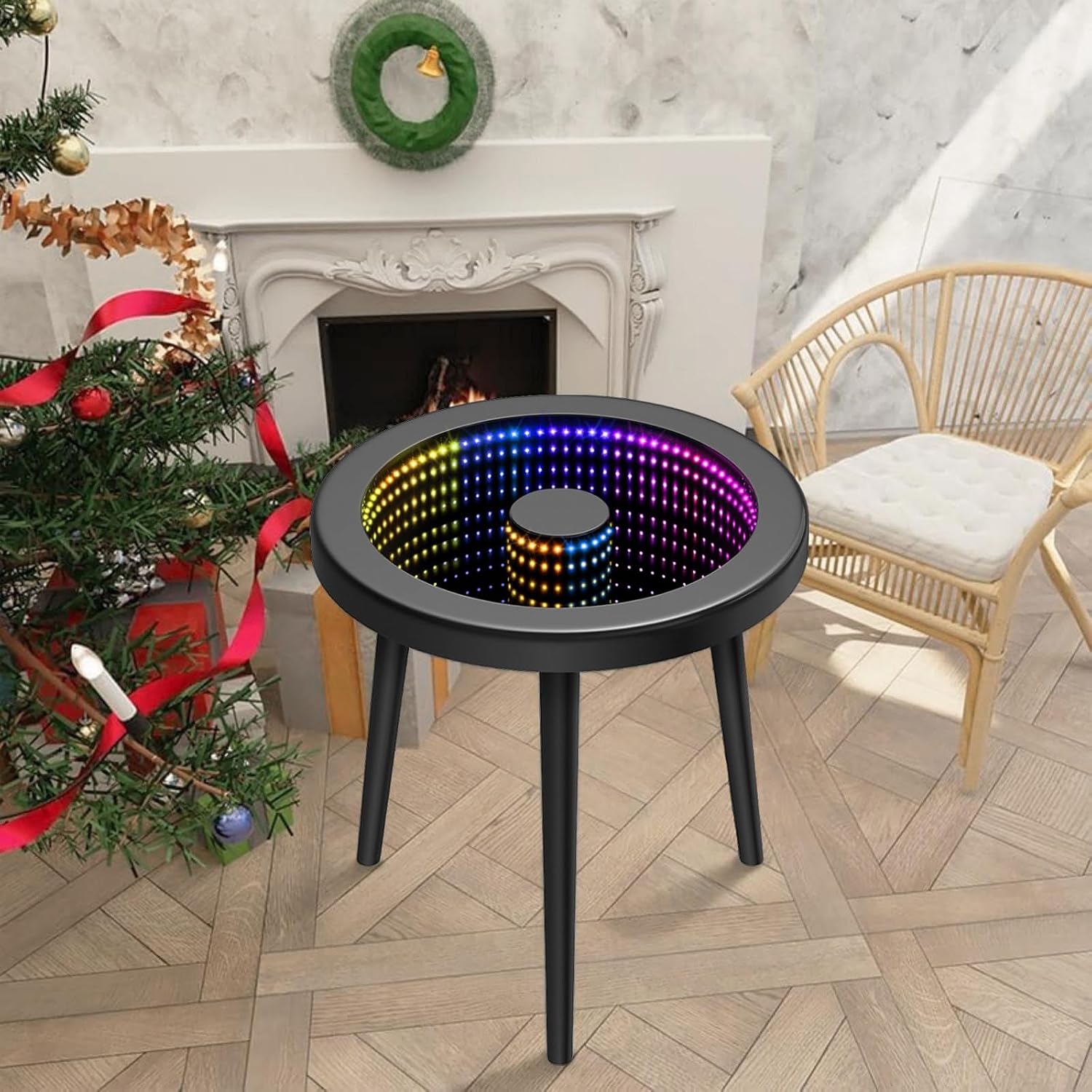 HANYEE Small Circle Coffee Table, Infinity Mirror Table, Small Round Side Table, for Home Living Room, Office,Tempered Glass Surface with RGB LED Lighting Smart Control, Office and Bedroom-Black