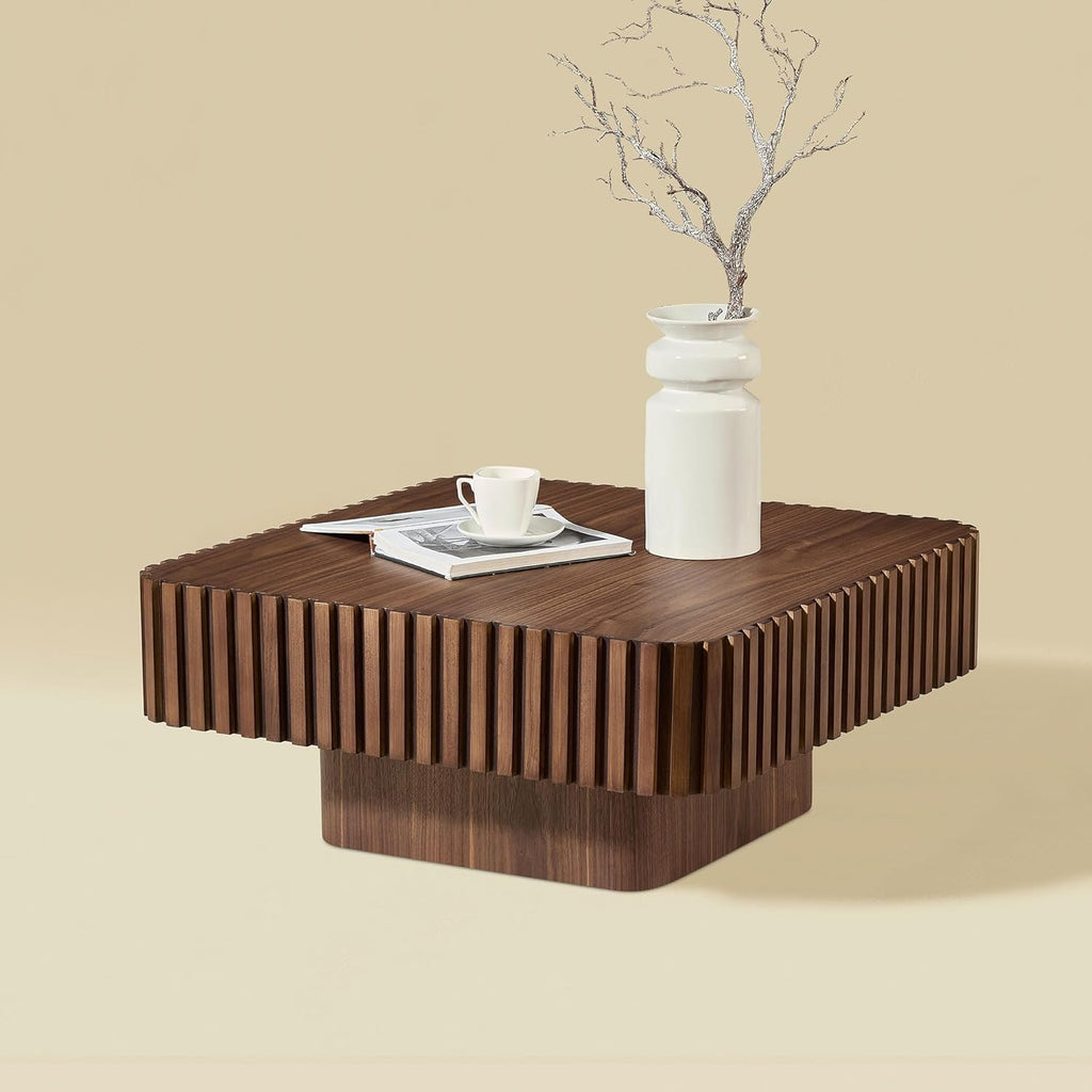 WILLIAMSPACE 35.43' Square Coffee Table with Sturdy Base, Modern Luxury Wood Drum Center Table Accent End Side Table for Living Room, Minimalist Fluted Design, Walnut