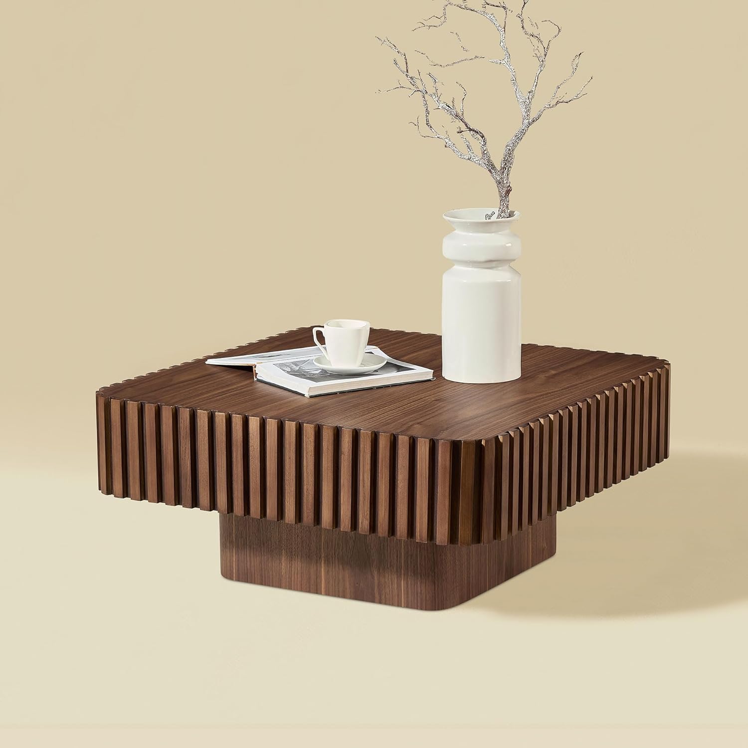 WILLIAMSPACE 35.43' Square Coffee Table with Sturdy Base, Modern Luxury Wood Drum Center Table Accent End Side Table for Living Room, Minimalist Fluted Design, Walnut