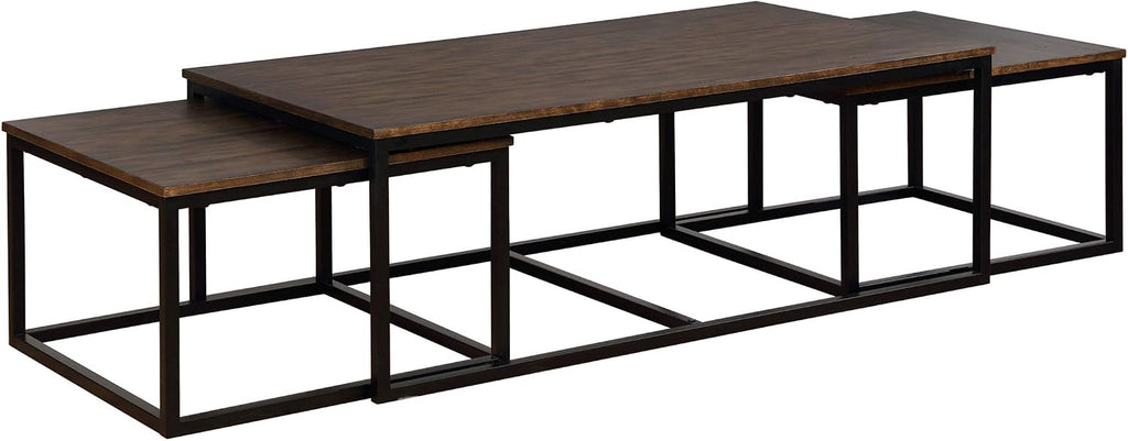 Arcadia 3-Piece Nesting Coffee Table Set – 54' Large Table with Two 26' Small Tables – Industrial Farmhouse Style with Solid Acacia Wood & Metal Sled Legs by Alaterre Furniture (Antiqued Mocha)