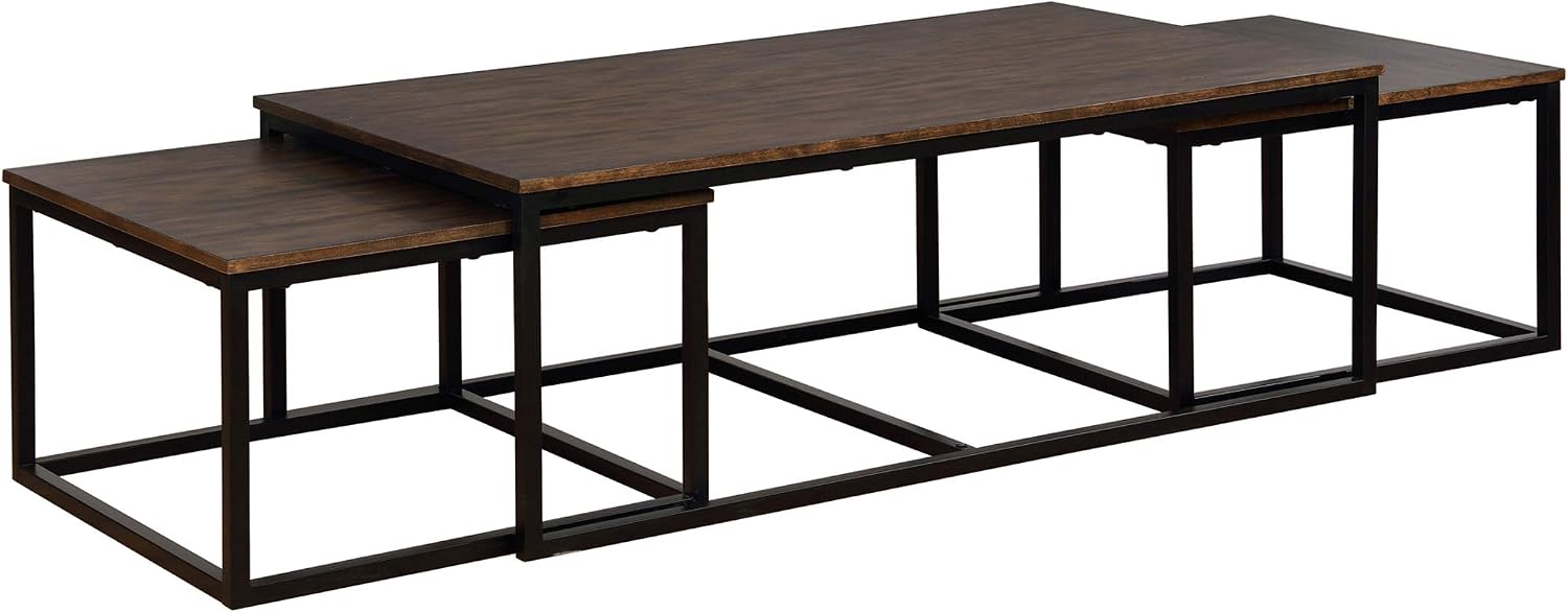 Arcadia 3-Piece Nesting Coffee Table Set – 54' Large Table with Two 26' Small Tables – Industrial Farmhouse Style with Solid Acacia Wood & Metal Sled Legs by Alaterre Furniture (Antiqued Mocha)