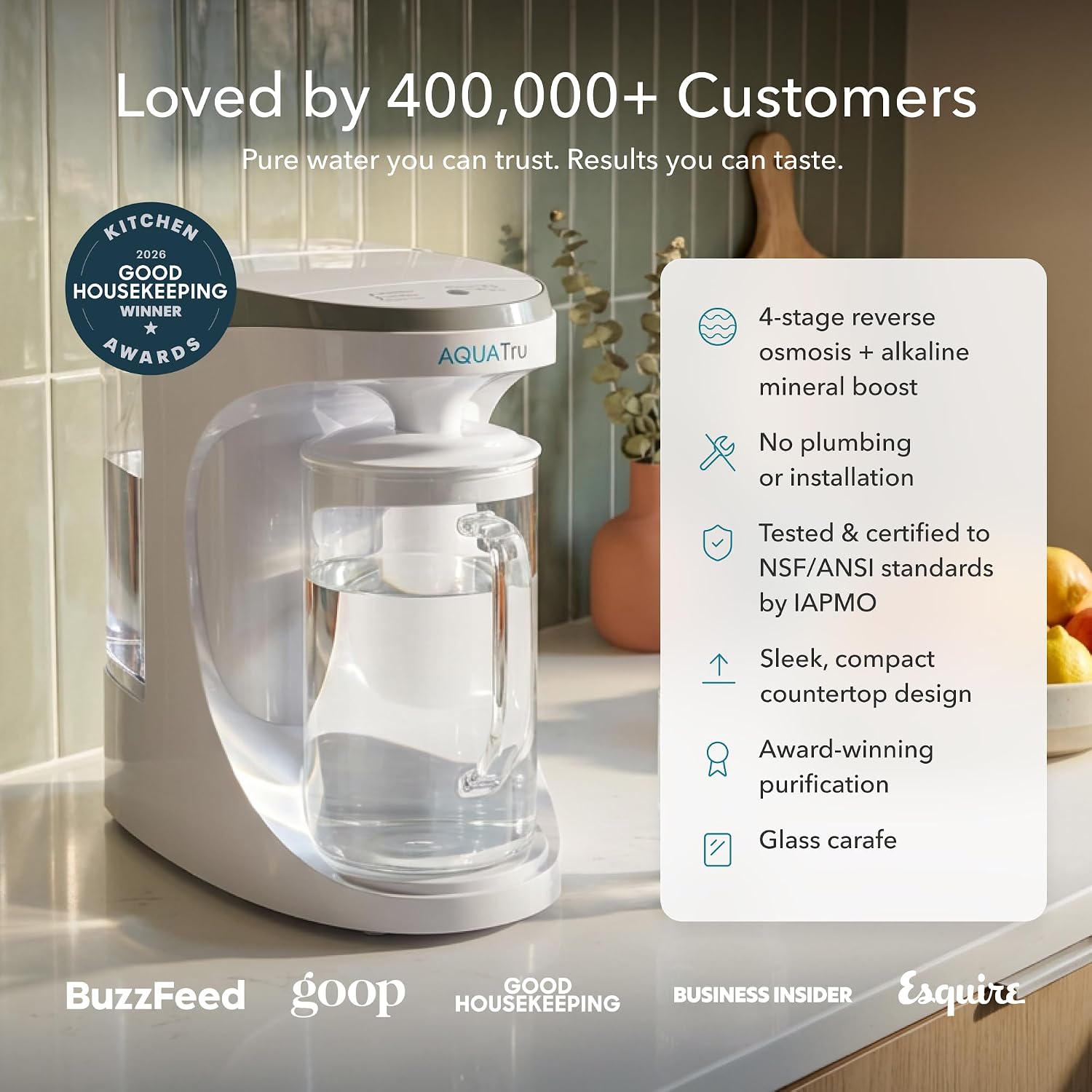AquaTru Glass Carafe Alkaline Countertop Reverse Osmosis Water Purifier | 4 Stage RO System | Removes 84 Contaminants Including PFOA & PFOS (PFAS), Lead and Microplastics | Adds Alkaline Minerals